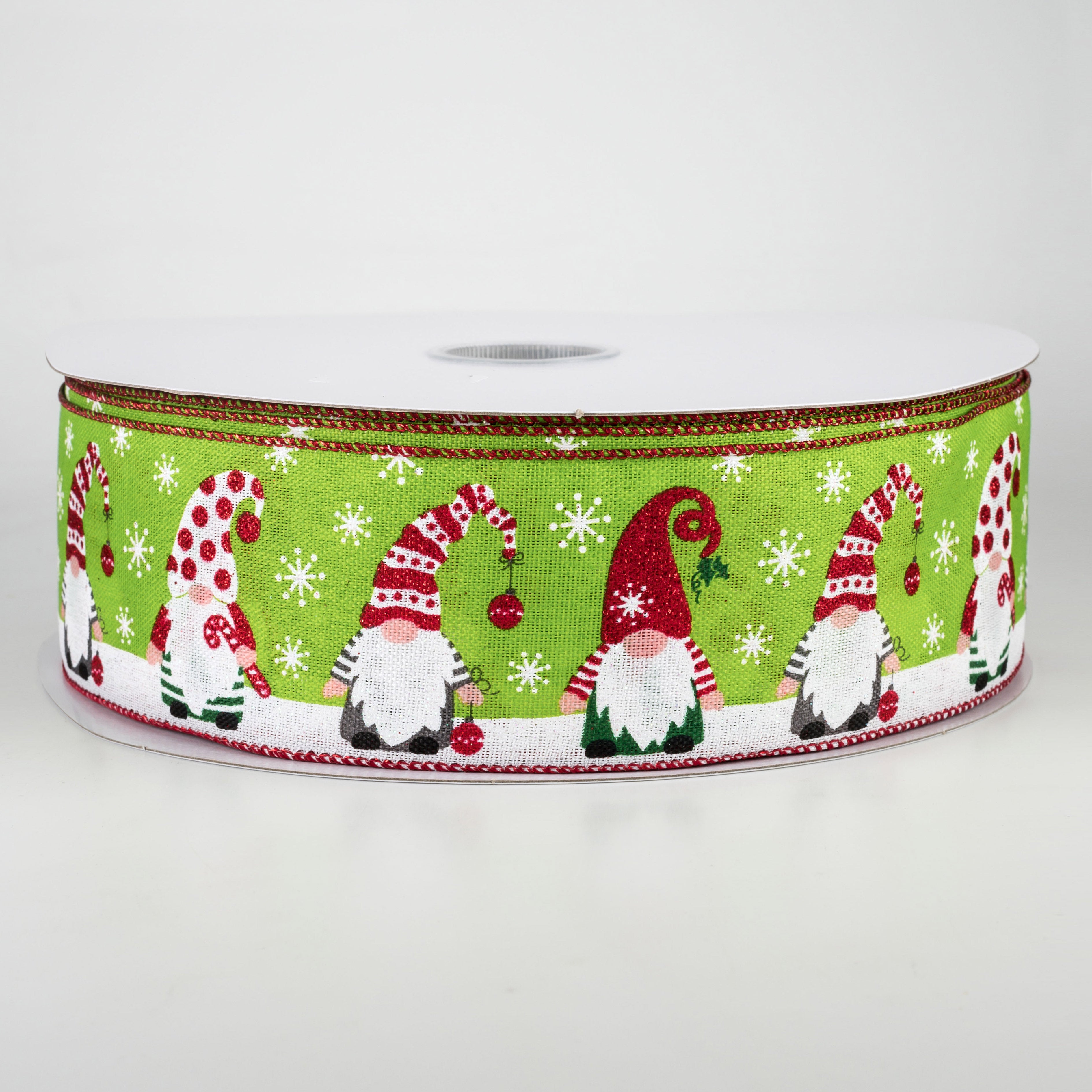 2.5" Bright Holiday Gnomes Ribbon: Fresh Green, Red, Grey (50 Yards)