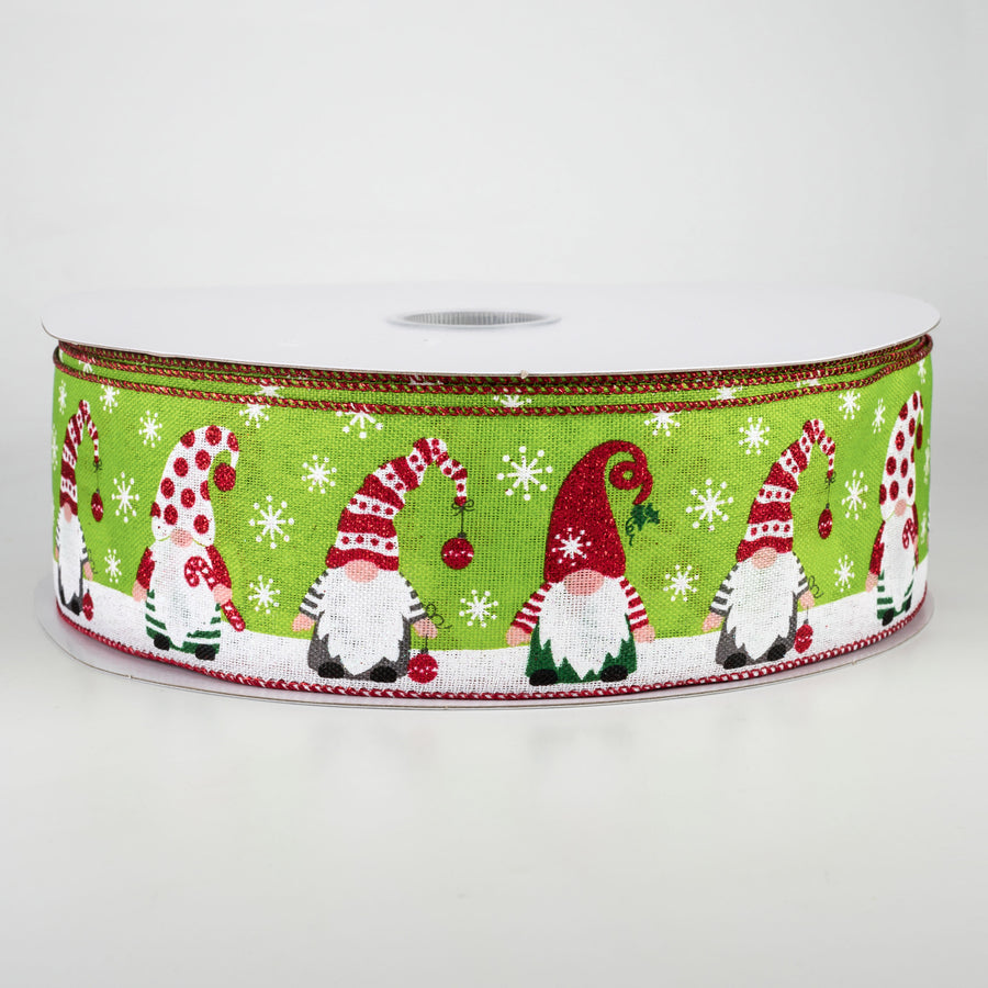 2.5" Bright Holiday Gnomes Ribbon: Fresh Green, Red, Grey (50 Yards)