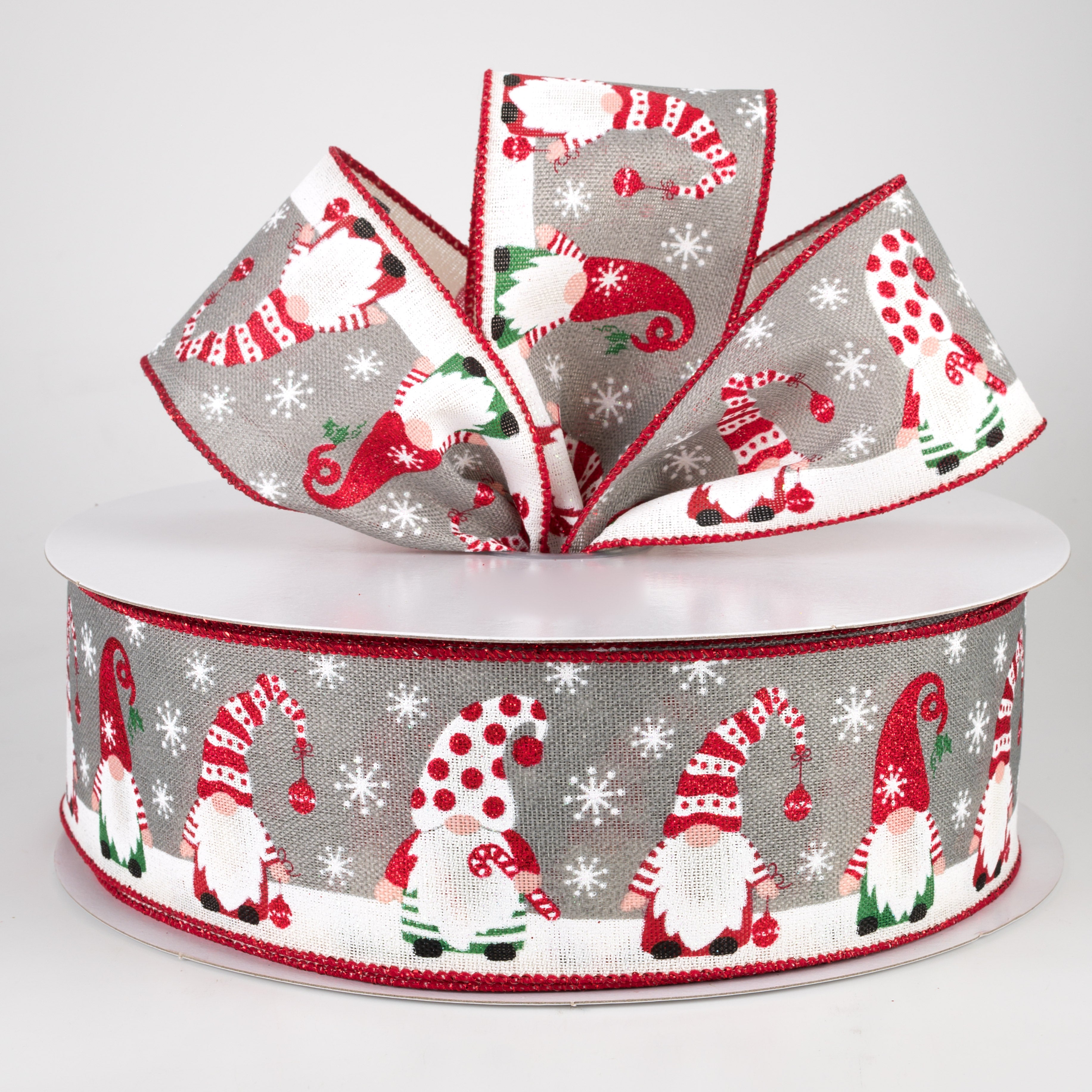 2.5" Bright Holiday Gnomes Ribbon: Grey, Green, Red (50 Yards) Lifestyle Photo