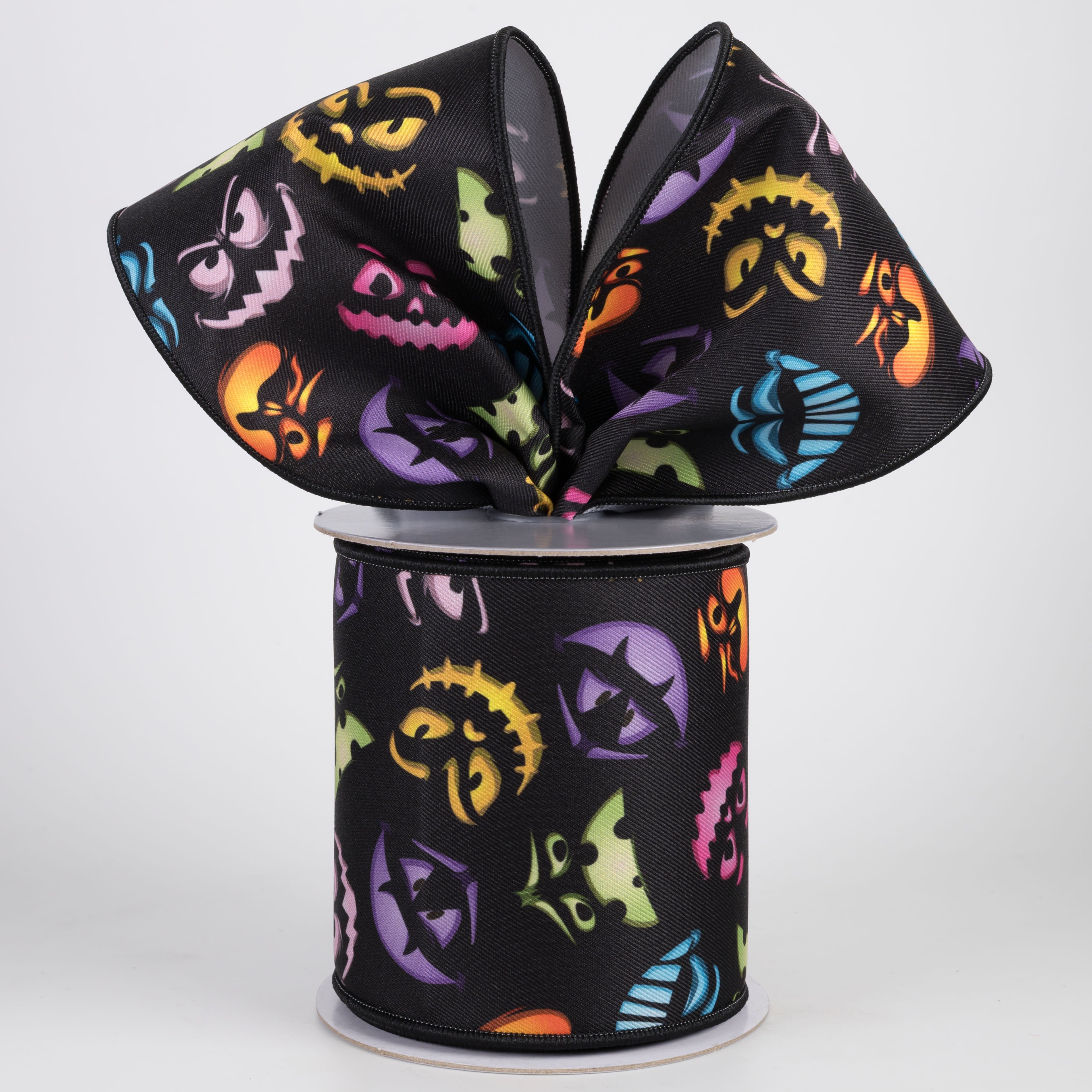 4" Brilliance Digital Print Jack-o-Lantern Faces Ribbon (10 Yards) Lifestyle Photo