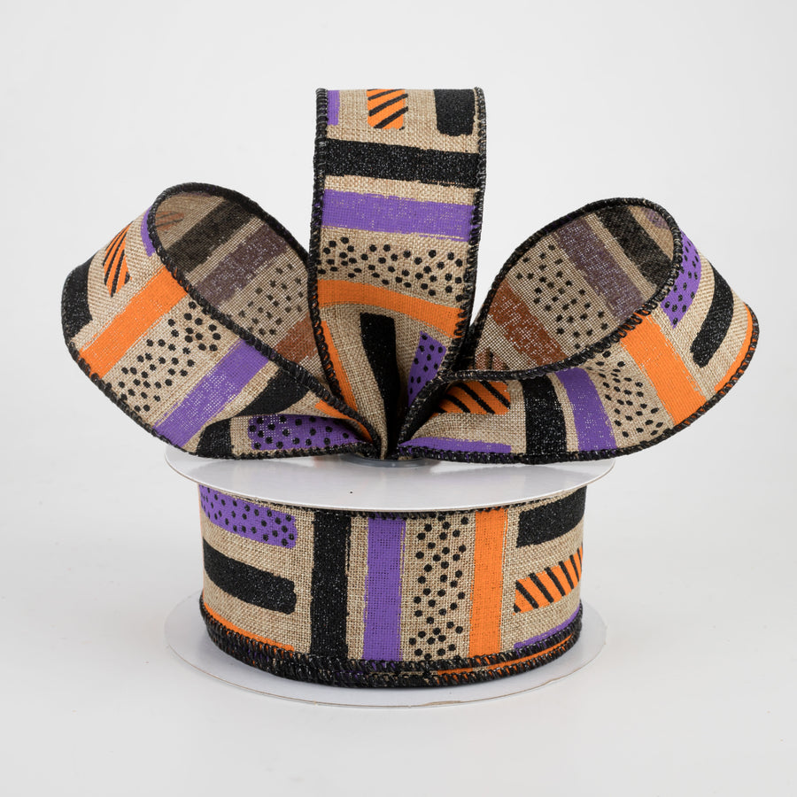 1.5" Brush Stroke Stripes Dots Ribbon: Beige, Black, Orange, Purple (10 Yards) Lifestyle Photo