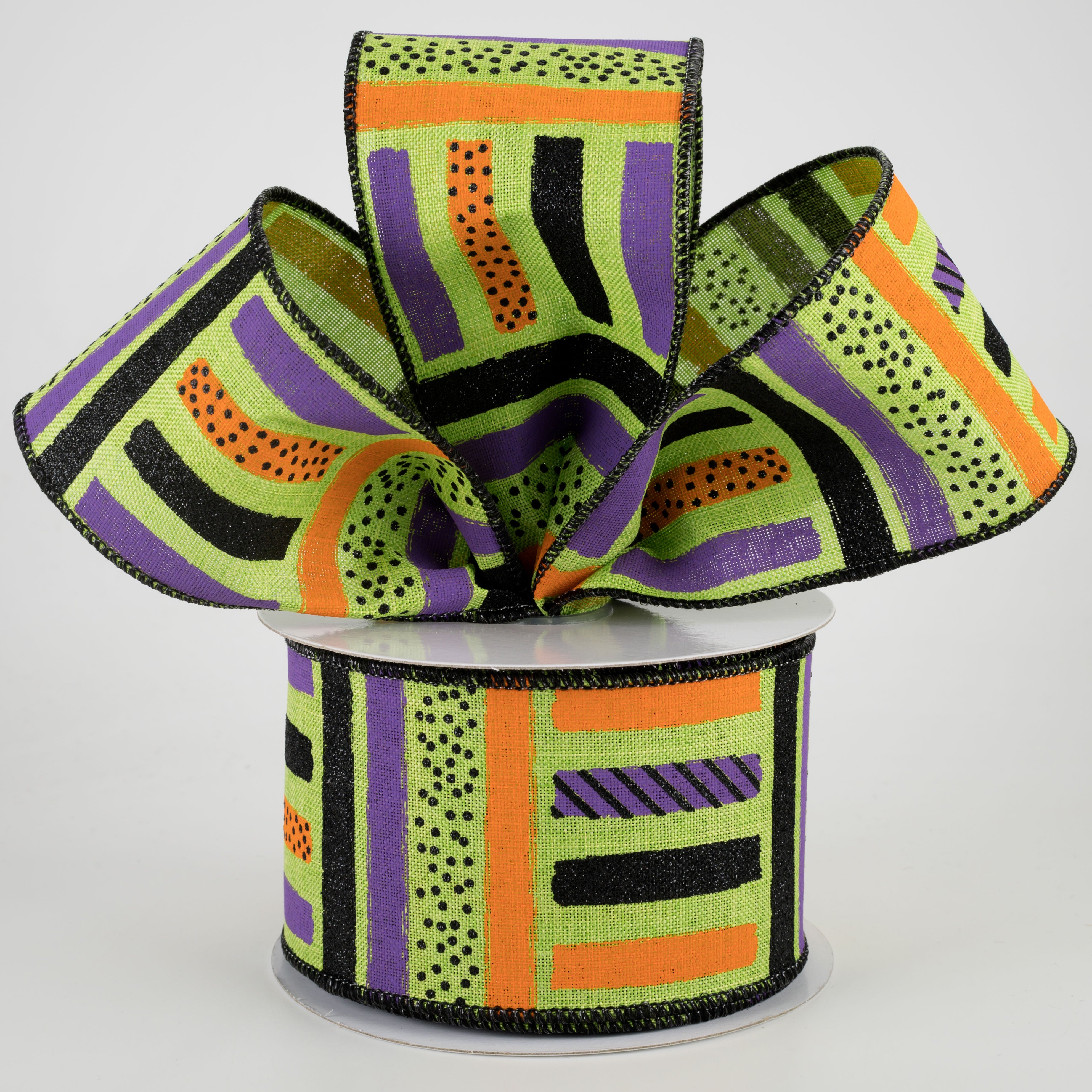 2.5" Brush Stroke Stripes Dots Ribbon: Lime, Black, Orange, Purple (10 Yards) Lifestyle Photo