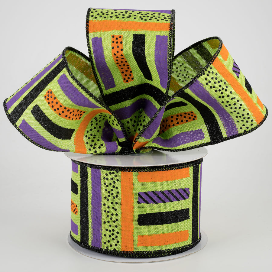 2.5" Brush Stroke Stripes Dots Ribbon: Lime, Black, Orange, Purple (10 Yards) Lifestyle Photo