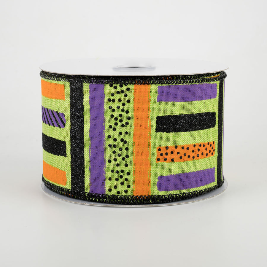 2.5" Brush Stroke Stripes Dots Ribbon: Lime, Black, Orange, Purple (10 Yards)
