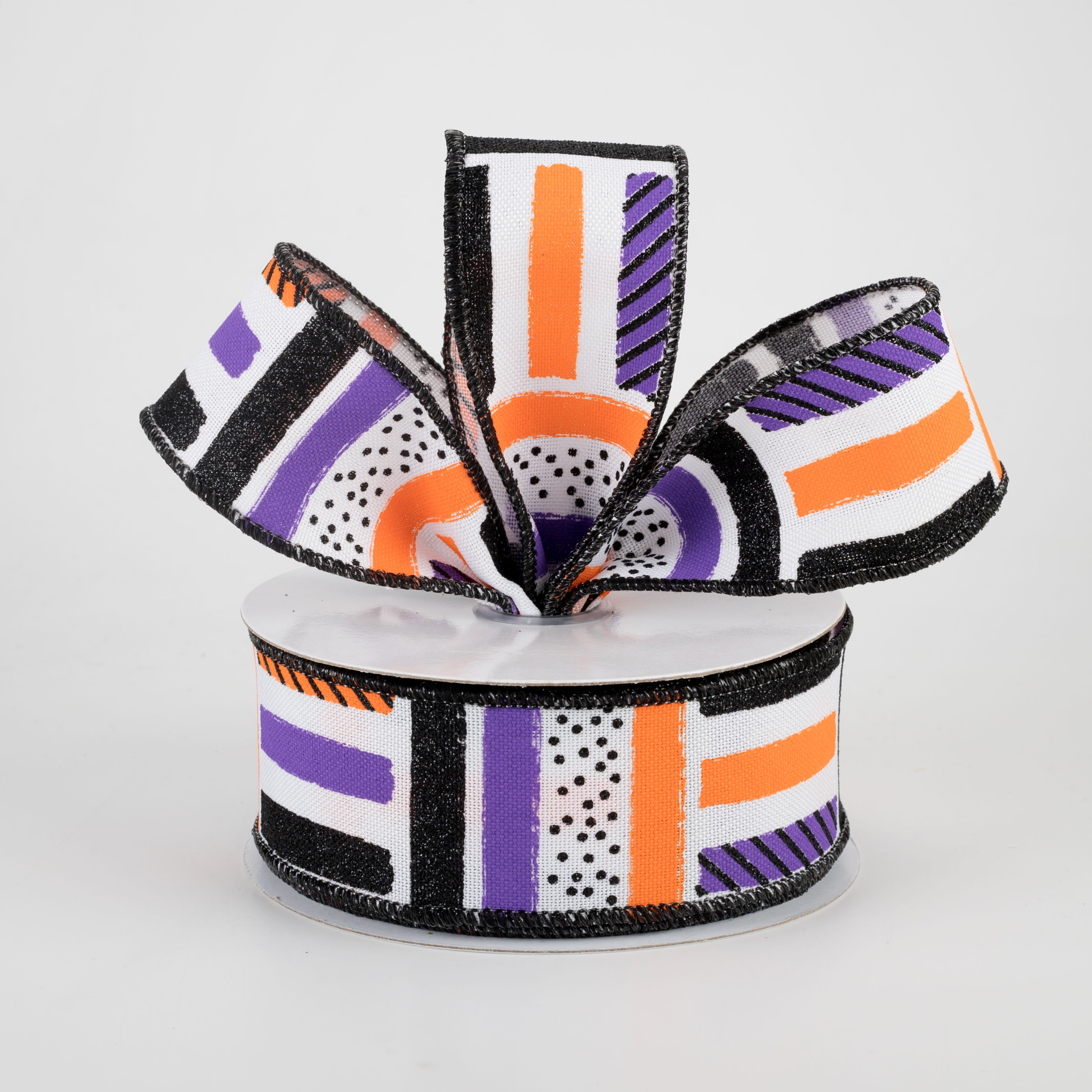 1.5" Brush Stroke Stripes Dots Ribbon: White, Black, Orange, Purple (10 Yards) Lifestyle Photo