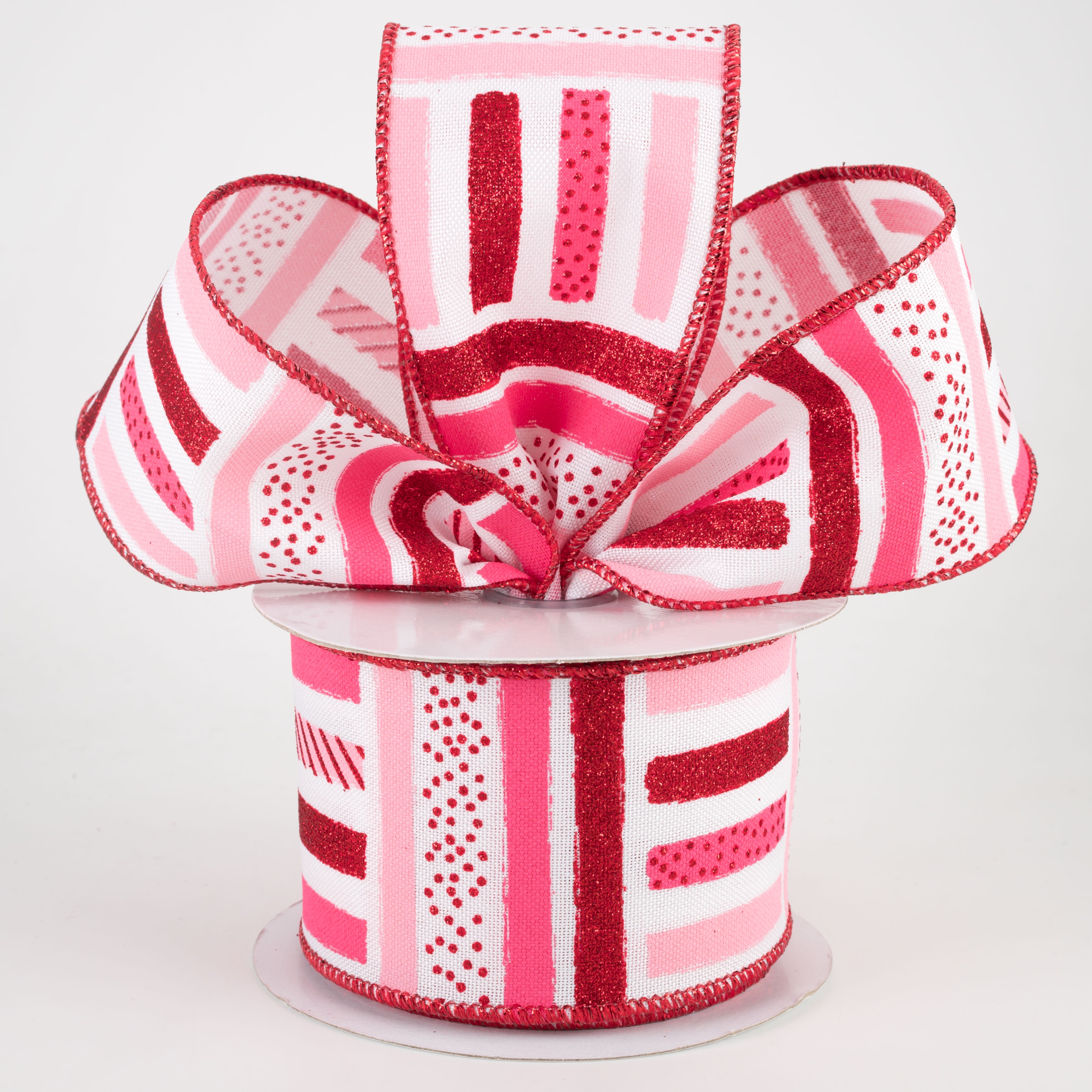 2.5" Brush Stroke Stripes Dots Ribbon: White, Red, Hot Pink, Light Pink (10 Yards) Lifestyle Photo