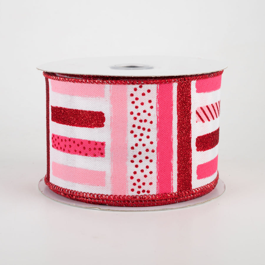 2.5" Brush Stroke Stripes Dots Ribbon: White, Red, Hot Pink, Light Pink (10 Yards)