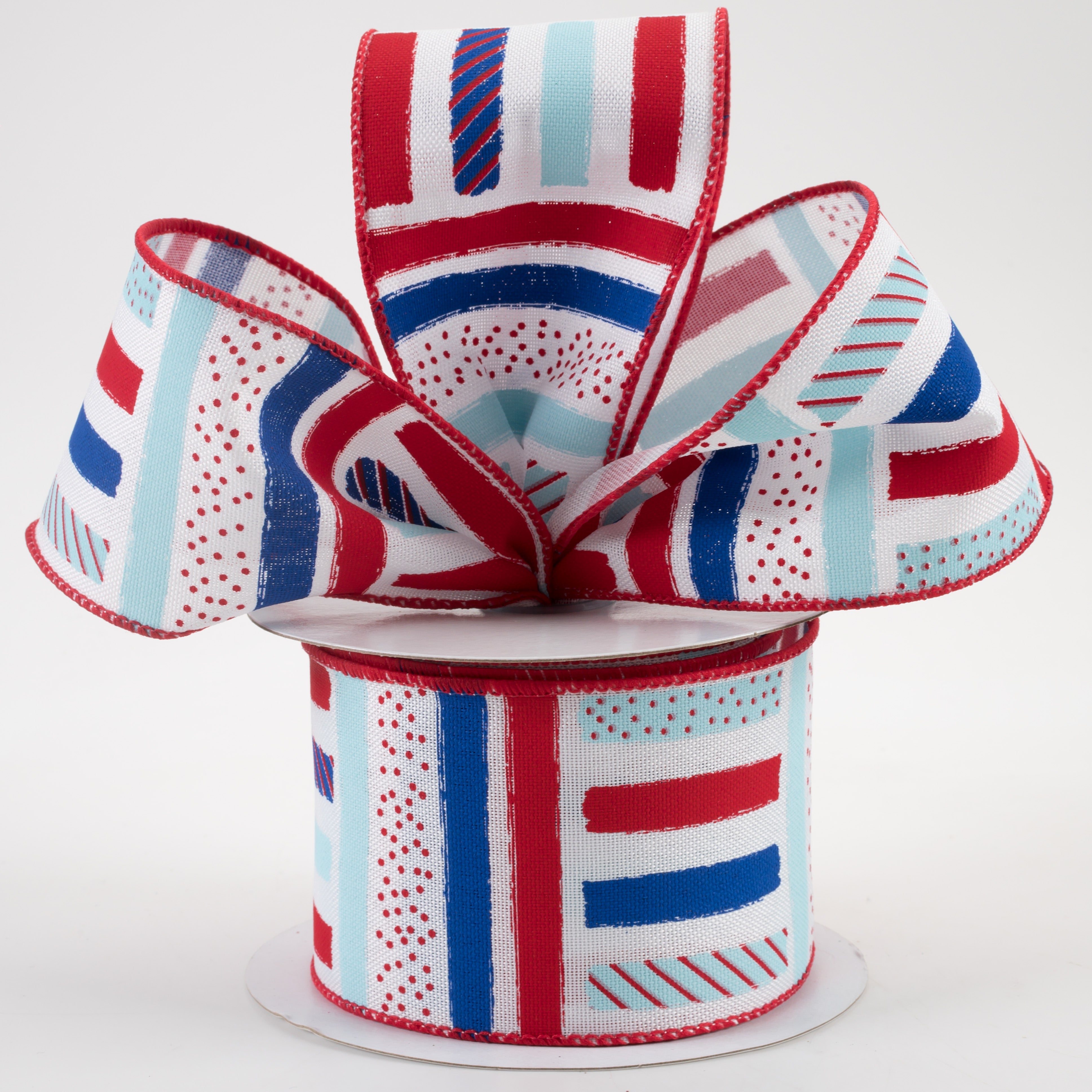 2.5" Brush Stroke Stripes Dots Ribbon: White, Red, Light Blue, Blue (10 Yards) Lifestyle Photo
