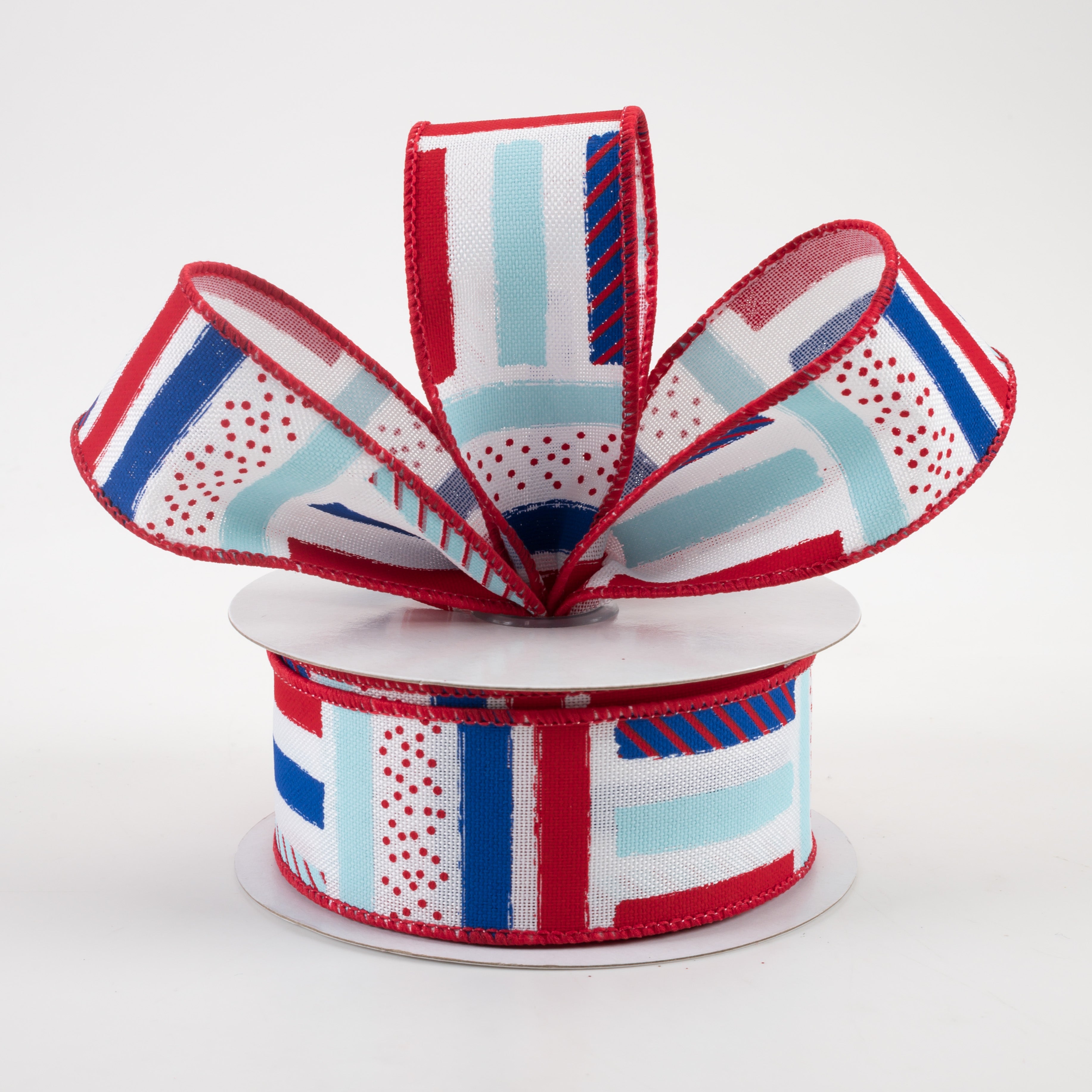 1.5" Brush Stroke Stripes Dots Ribbon: White, Red, Light Blue, Blue (10 Yards) Lifestyle Photo