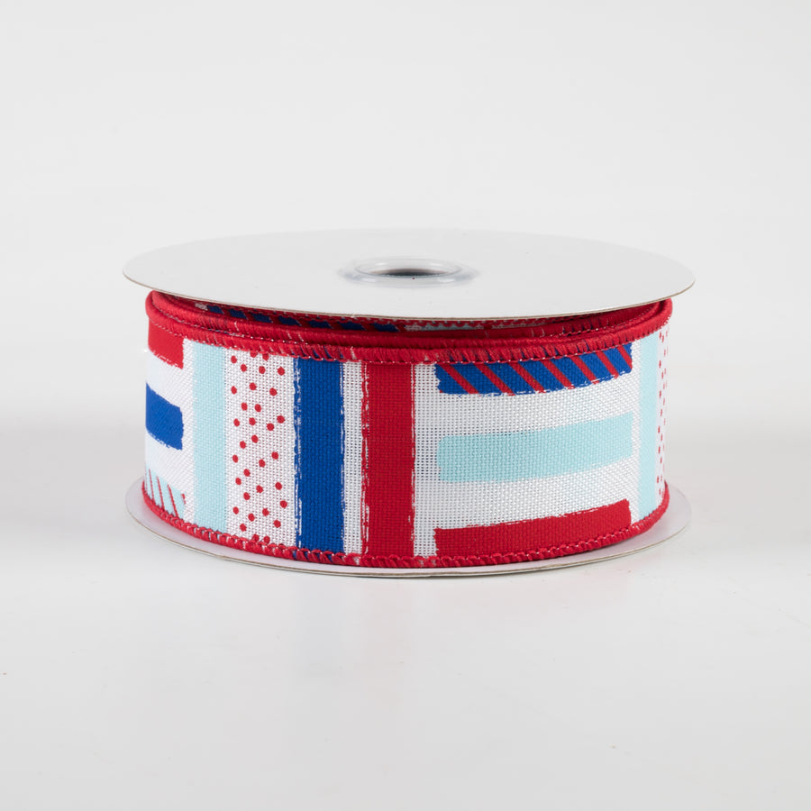 1.5" Brush Stroke Stripes Dots Ribbon: White, Red, Light Blue, Blue (10 Yards)