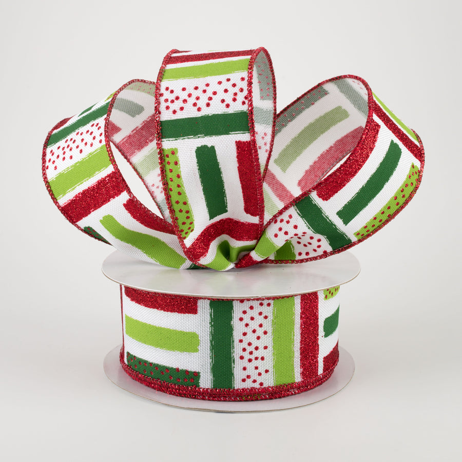 1.5" Brush Stroke Stripes Dots Ribbon: White, Red, Lime, Emerald (10 Yards) Lifestyle Photo
