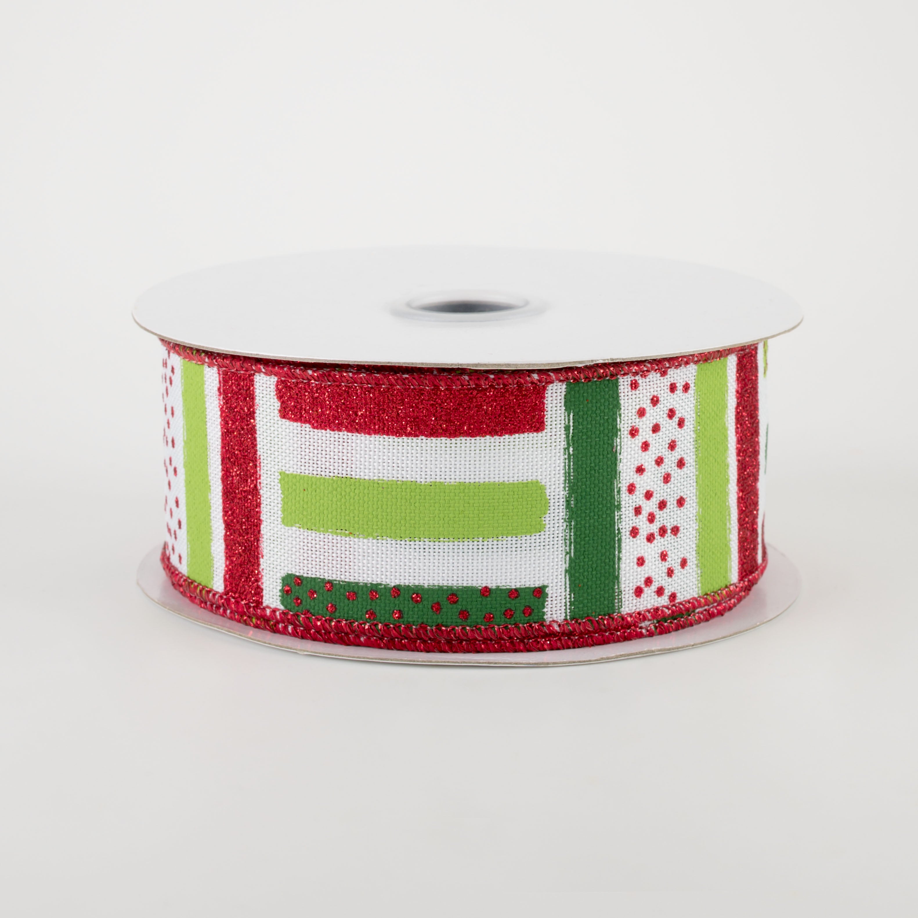 1.5" Brush Stroke Stripes Dots Ribbon: White, Red, Lime, Emerald (10 Yards)