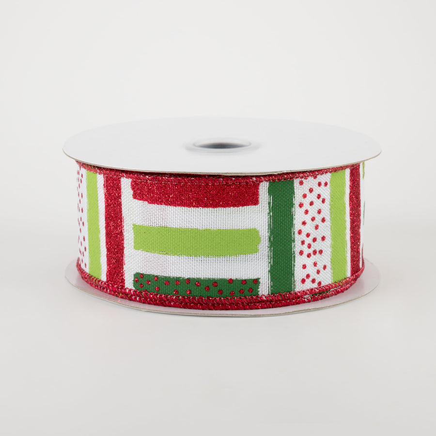 1.5" Brush Stroke Stripes Dots Ribbon: White, Red, Lime, Emerald (10 Yards)