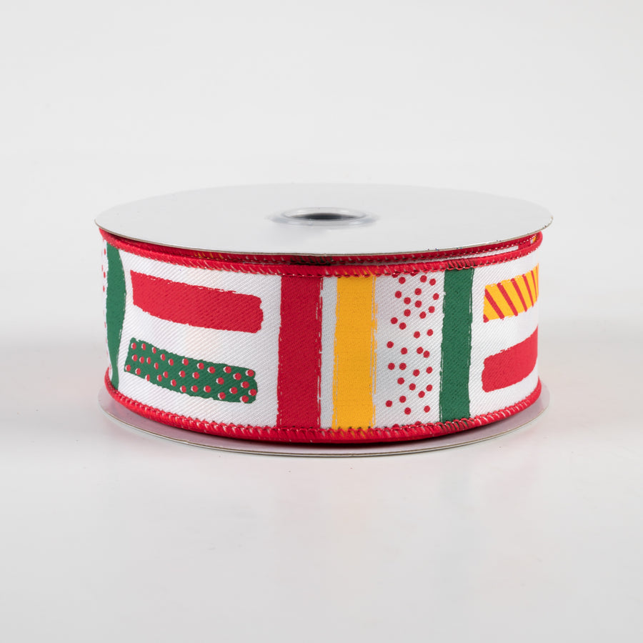 1.5" Brush Stroke Stripes Dots Ribbon: White, Yellow, Green, Red (10 Yards)