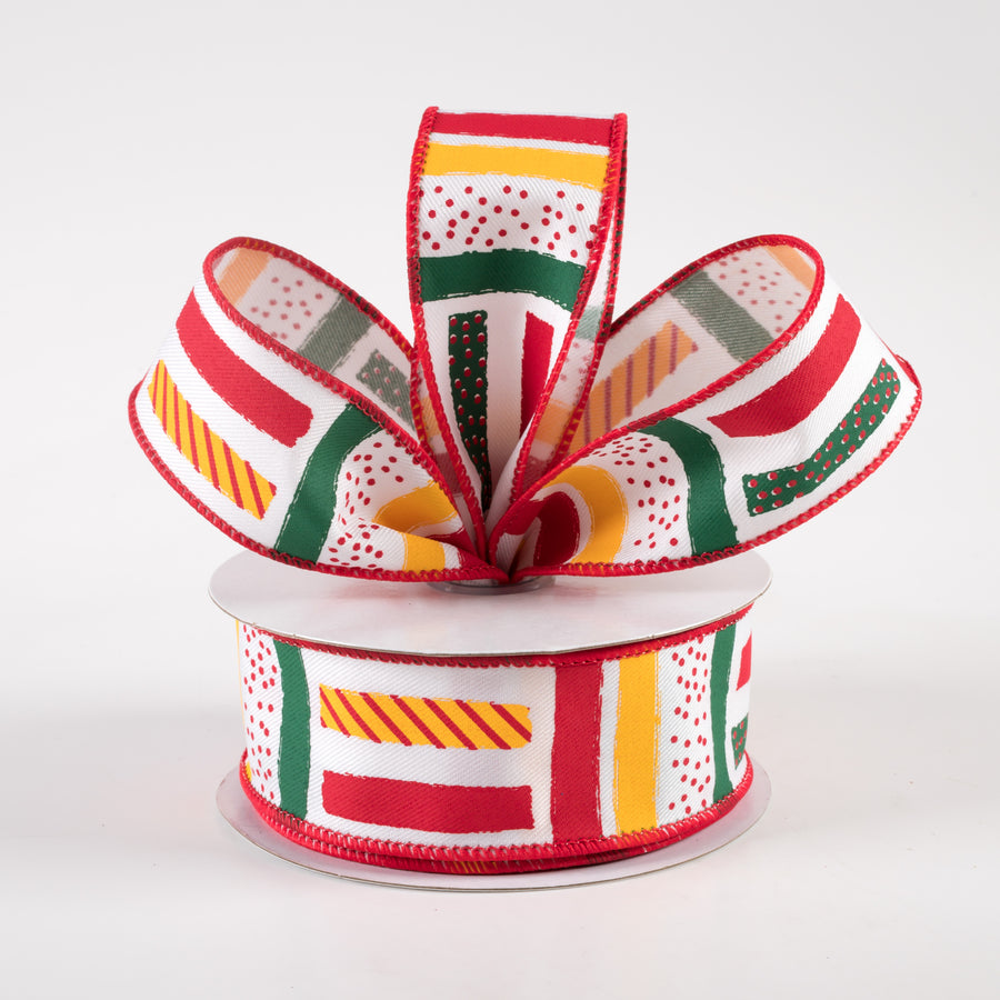 1.5" Brush Stroke Stripes Dots Ribbon: White, Yellow, Green, Red (10 Yards) Lifestyle Photo