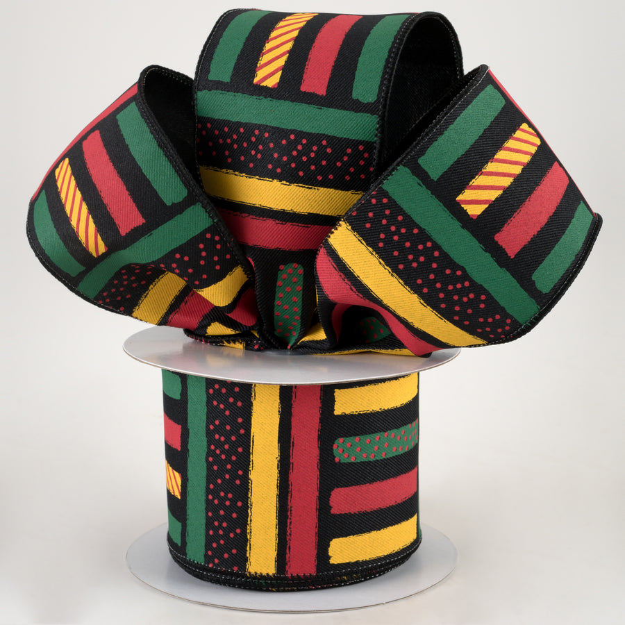 2.5" Brush Strokes Stripes Dots Ribbon: Black, Yellow, Green, Red (10 Yards) Lifestyle Photo