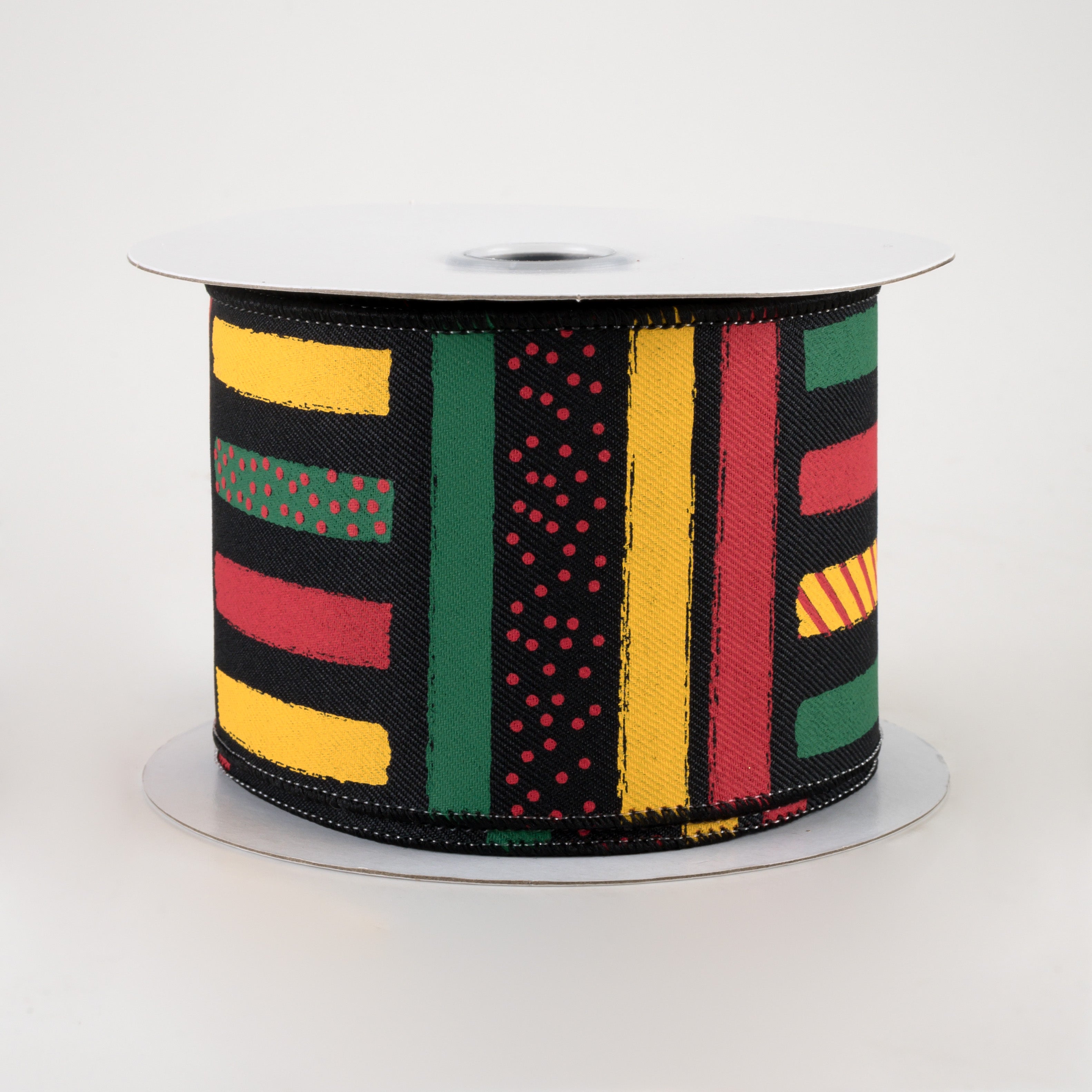 2.5" Brush Strokes Stripes Dots Ribbon: Black, Yellow, Green, Red (10 Yards)