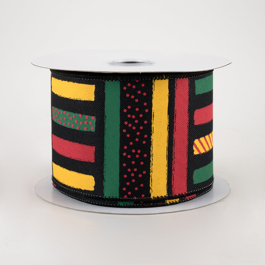 2.5" Brush Strokes Stripes Dots Ribbon: Black, Yellow, Green, Red (10 Yards)