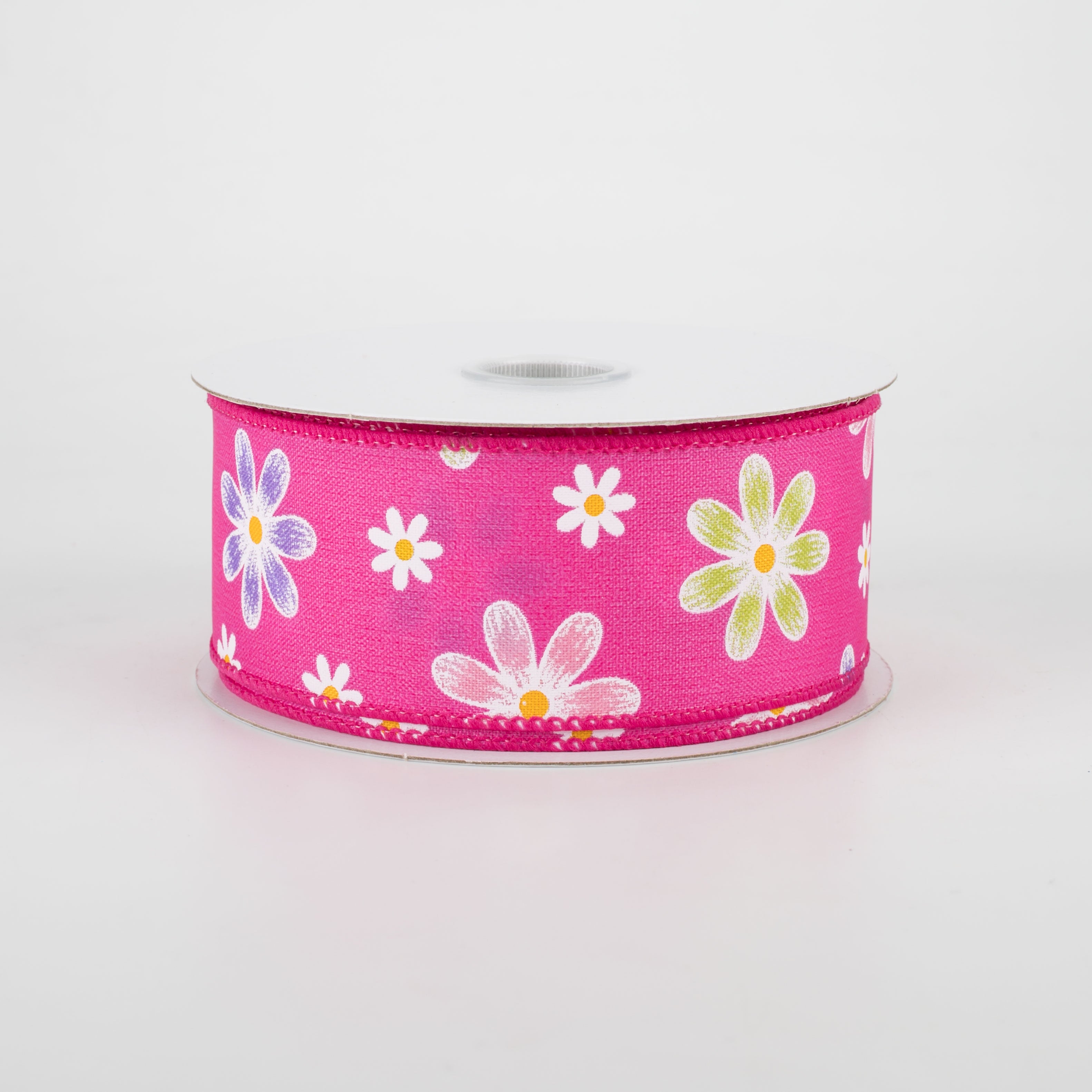 1.5" Brushed Spring Daisies Ribbon: Fuchsia (10 Yards)