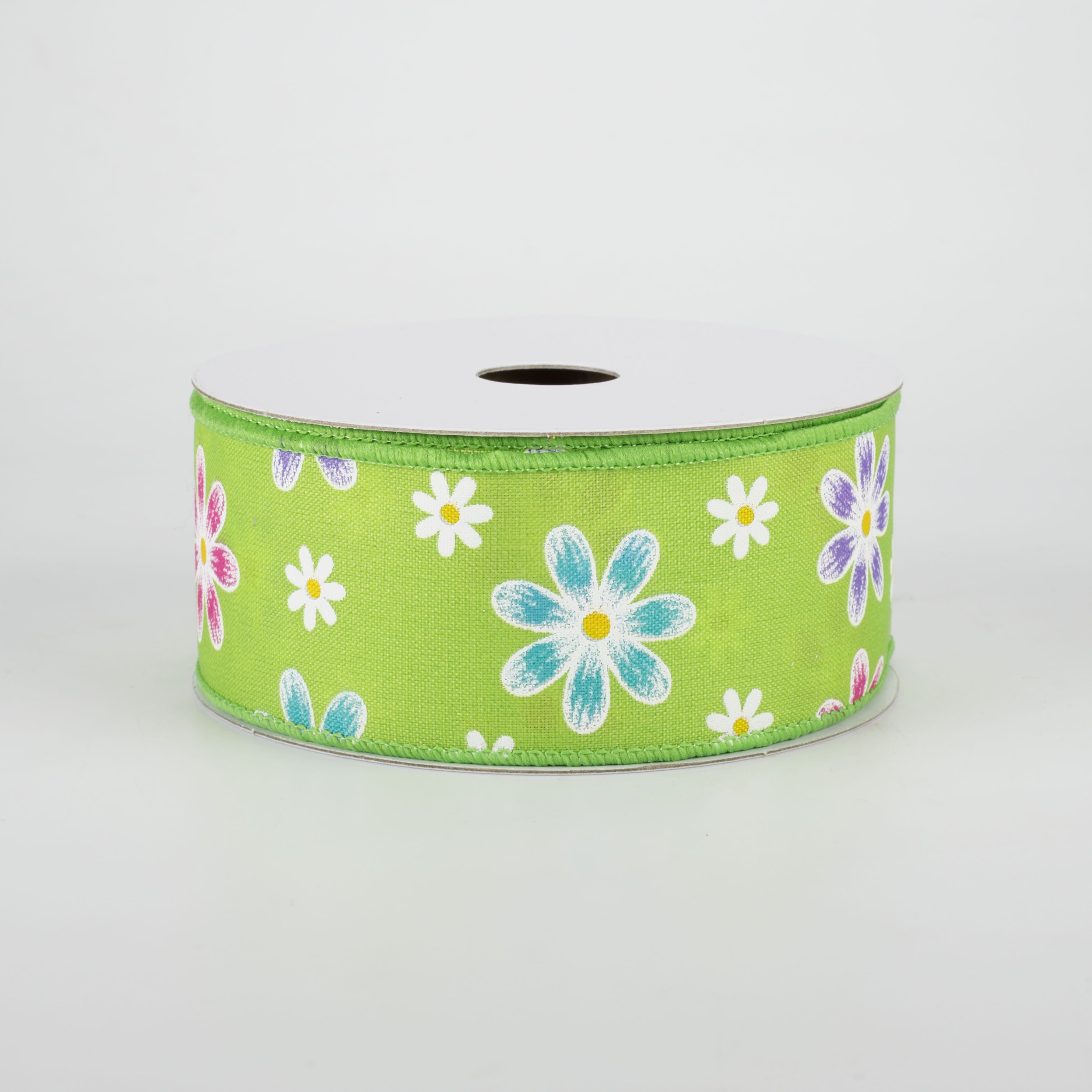 1.5" Brushed Spring Daisies Ribbon: Lime (10 Yards)