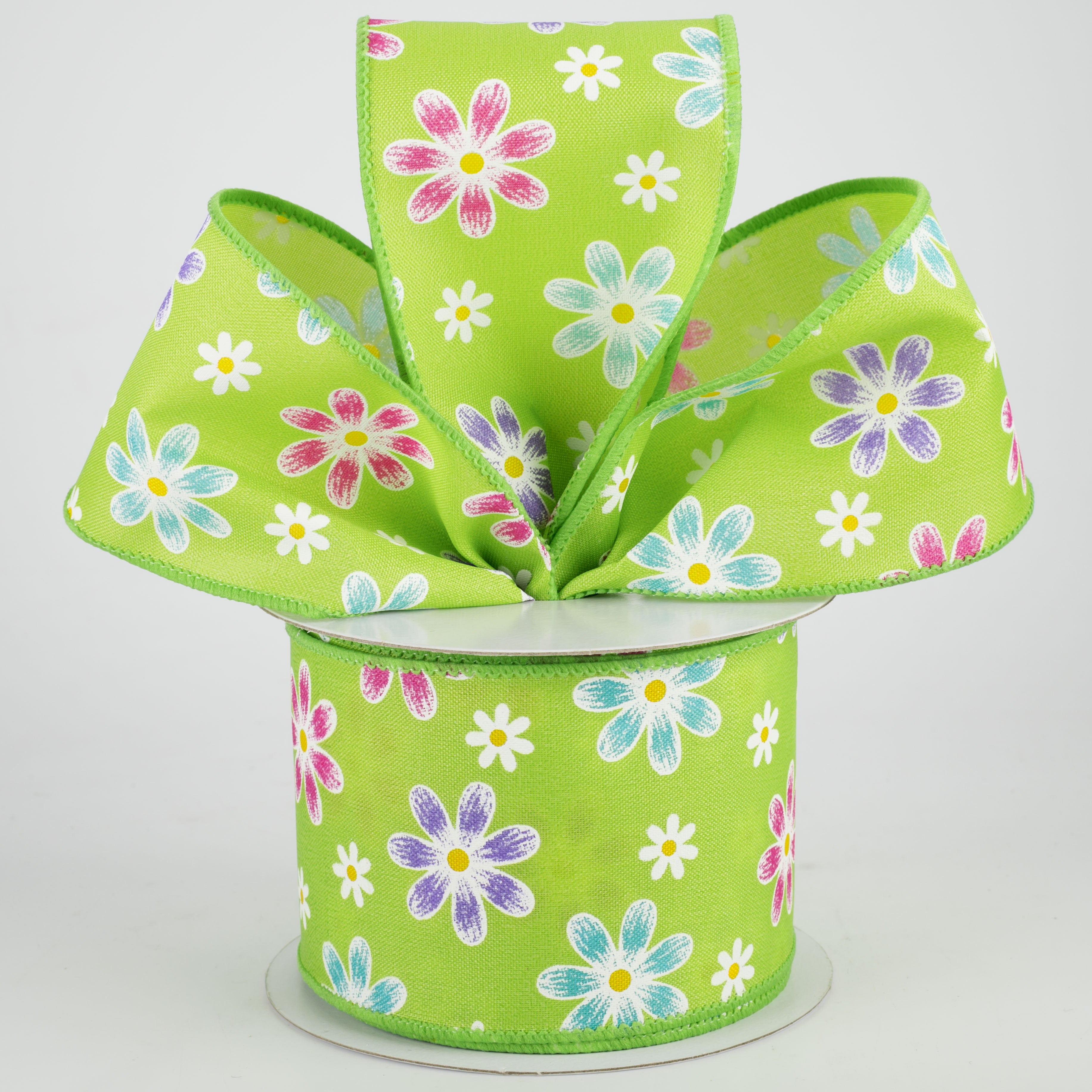 2.5" Brushed Spring Daisies Ribbon: Lime (10 Yards) Lifestyle Photo