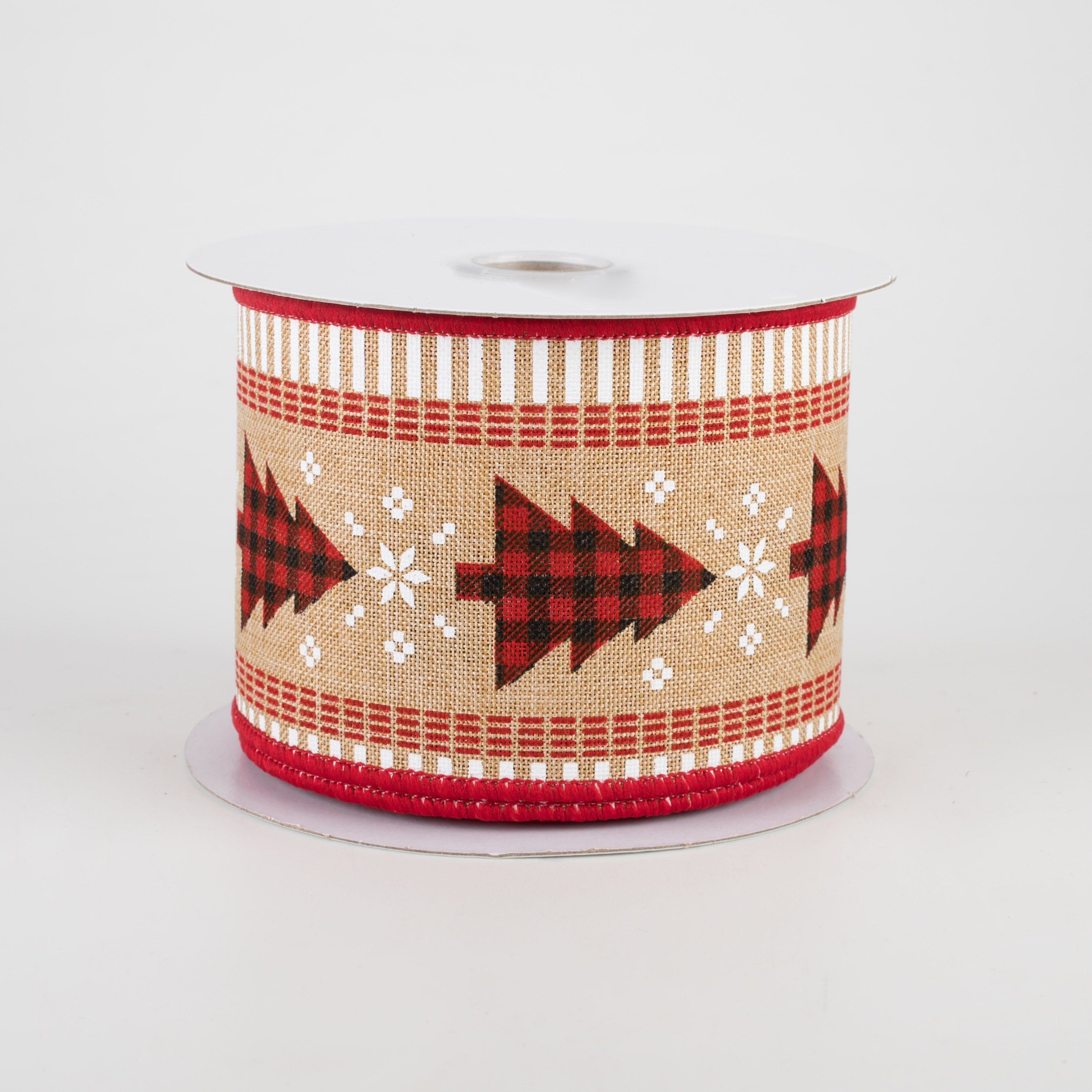 2.5" Buffalo Check Christmas Tree & Stripe Edge Ribbon: Beige (10 Yards)