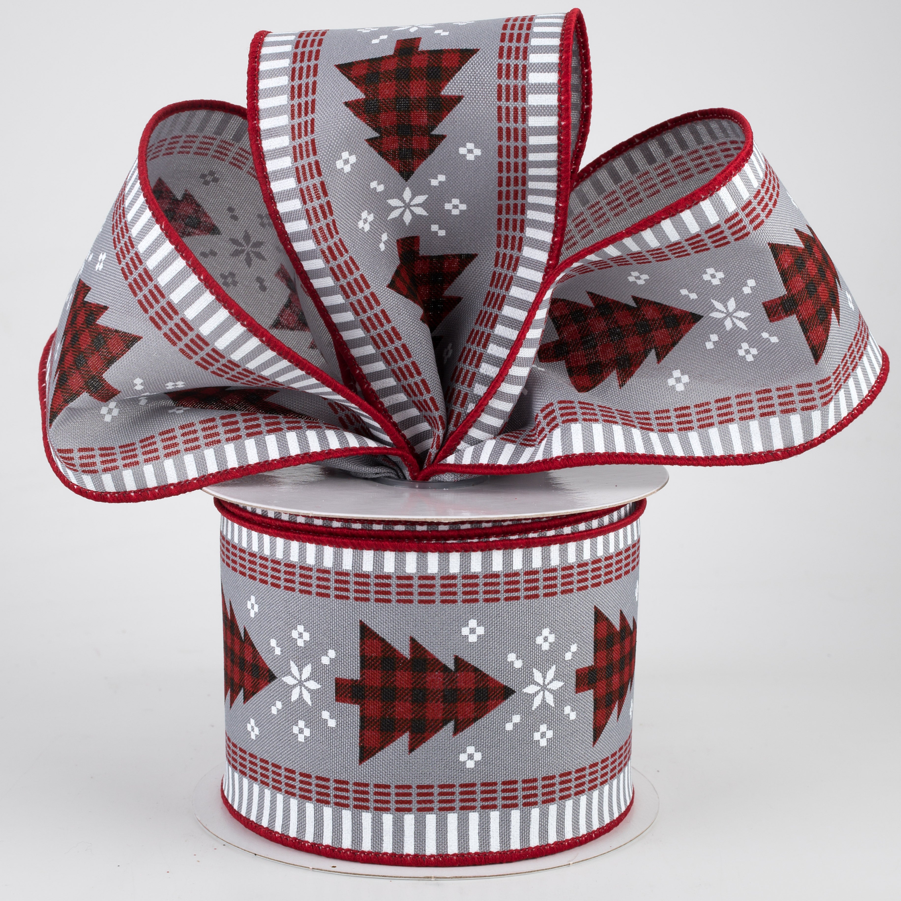 2.5" Buffalo Check Christmas Tree & Stripe Edge Ribbon: Grey (10 Yards) Lifestyle Photo