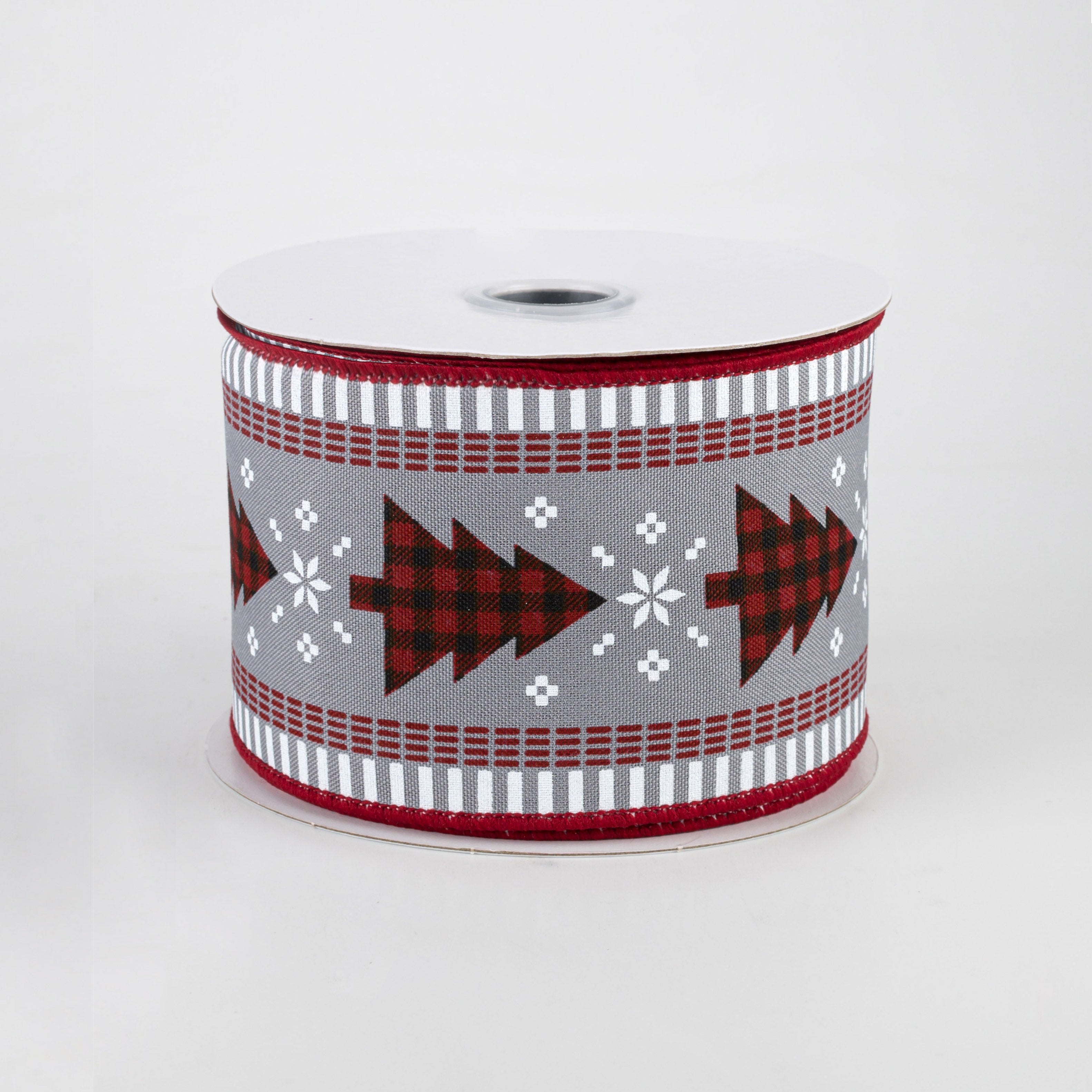 2.5" Buffalo Check Christmas Tree & Stripe Edge Ribbon: Grey (10 Yards)