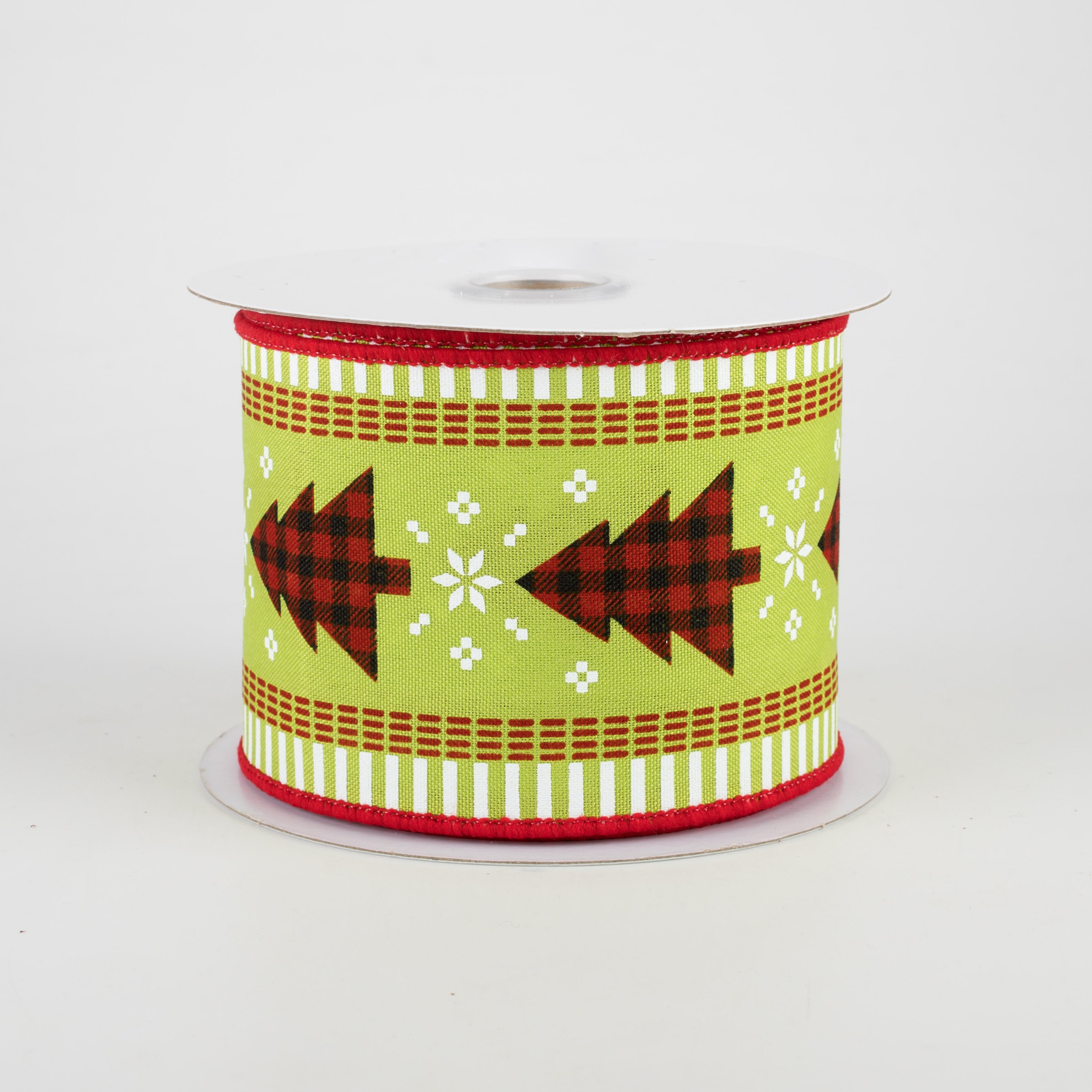 2.5" Buffalo Check Christmas Tree & Stripe Edge Ribbon: Lime (10 Yards)