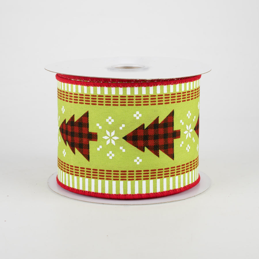 2.5" Buffalo Check Christmas Tree & Stripe Edge Ribbon: Lime (10 Yards)