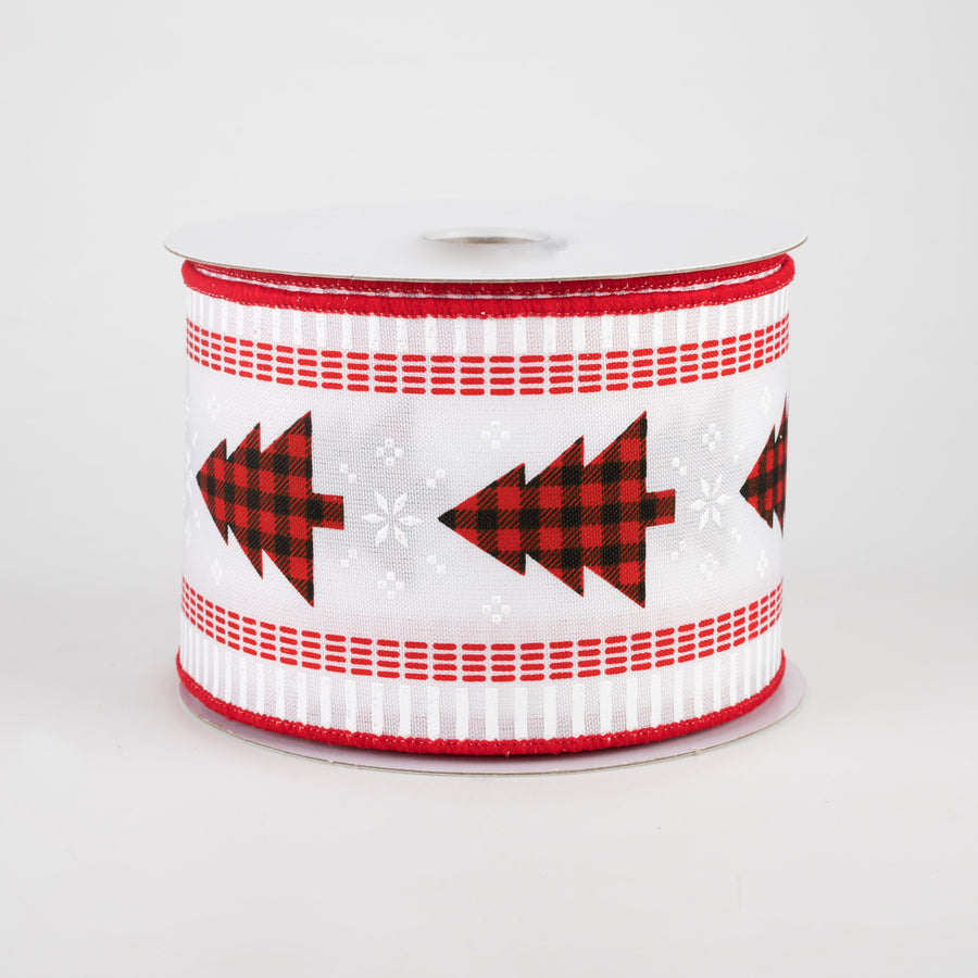2.5" Buffalo Check Christmas Tree & Stripe Edge Ribbon: White (10 Yards)