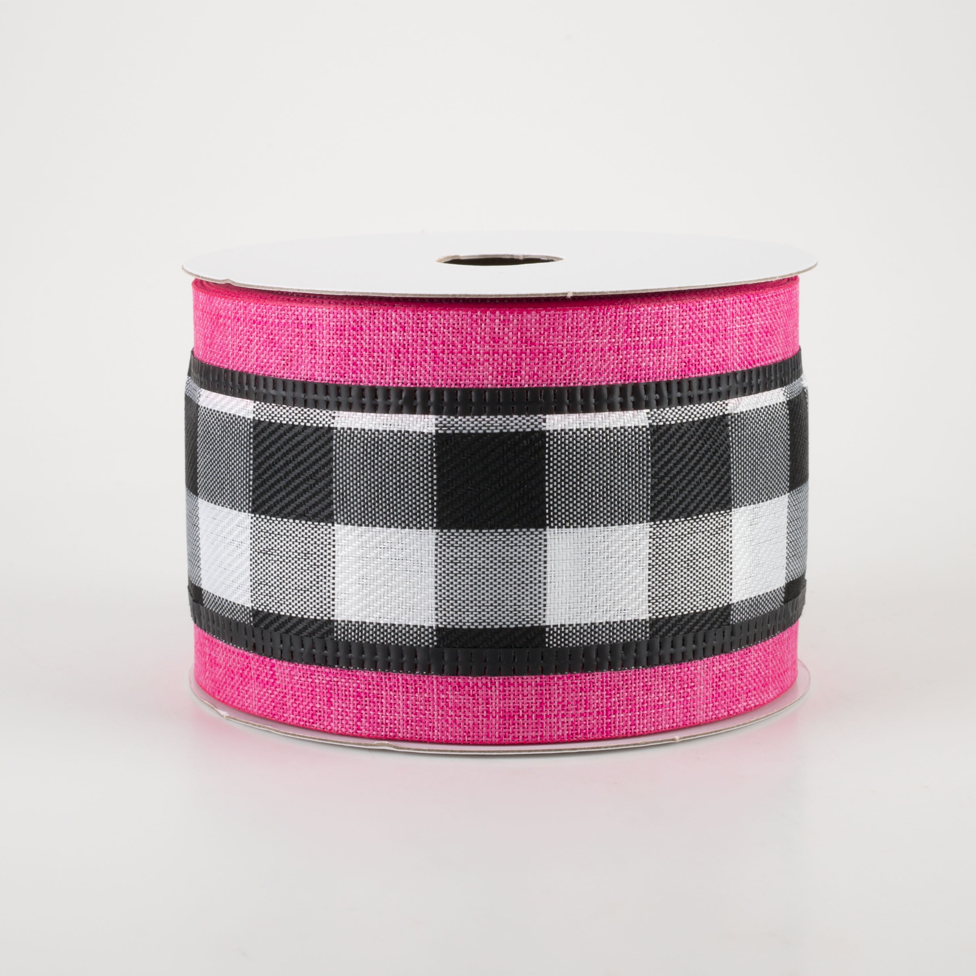 2.5" Buffalo Plaid Center & Linen Edge Ribbon: Fuchsia Pink (10 Yards)