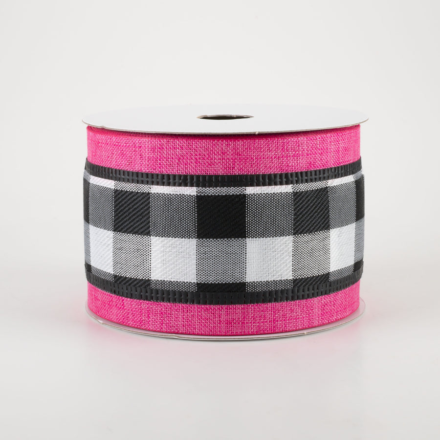 2.5" Buffalo Plaid Center & Linen Edge Ribbon: Fuchsia Pink (10 Yards)
