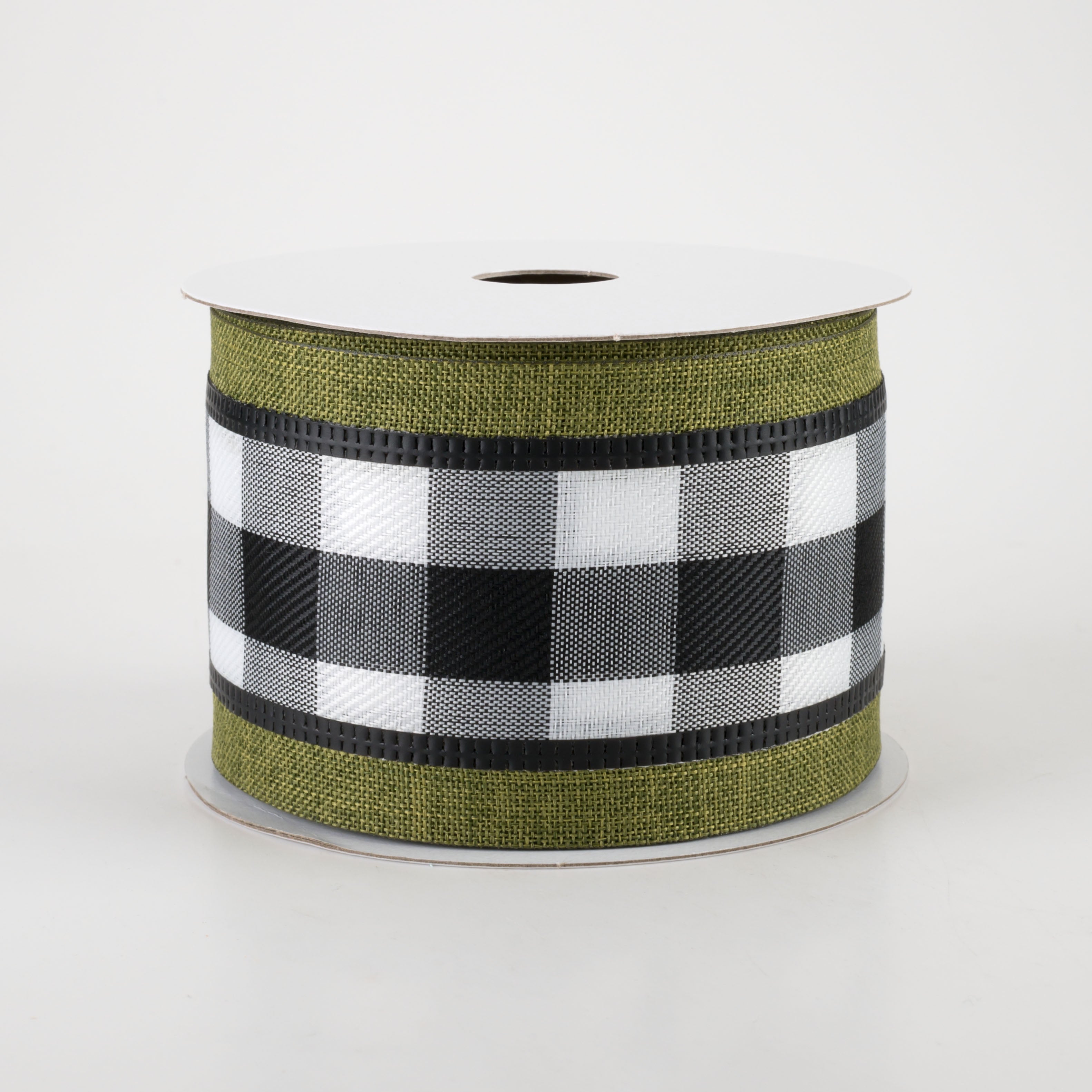2.5" Buffalo Plaid Center & Linen Edge Ribbon: Moss Green (10 Yards)