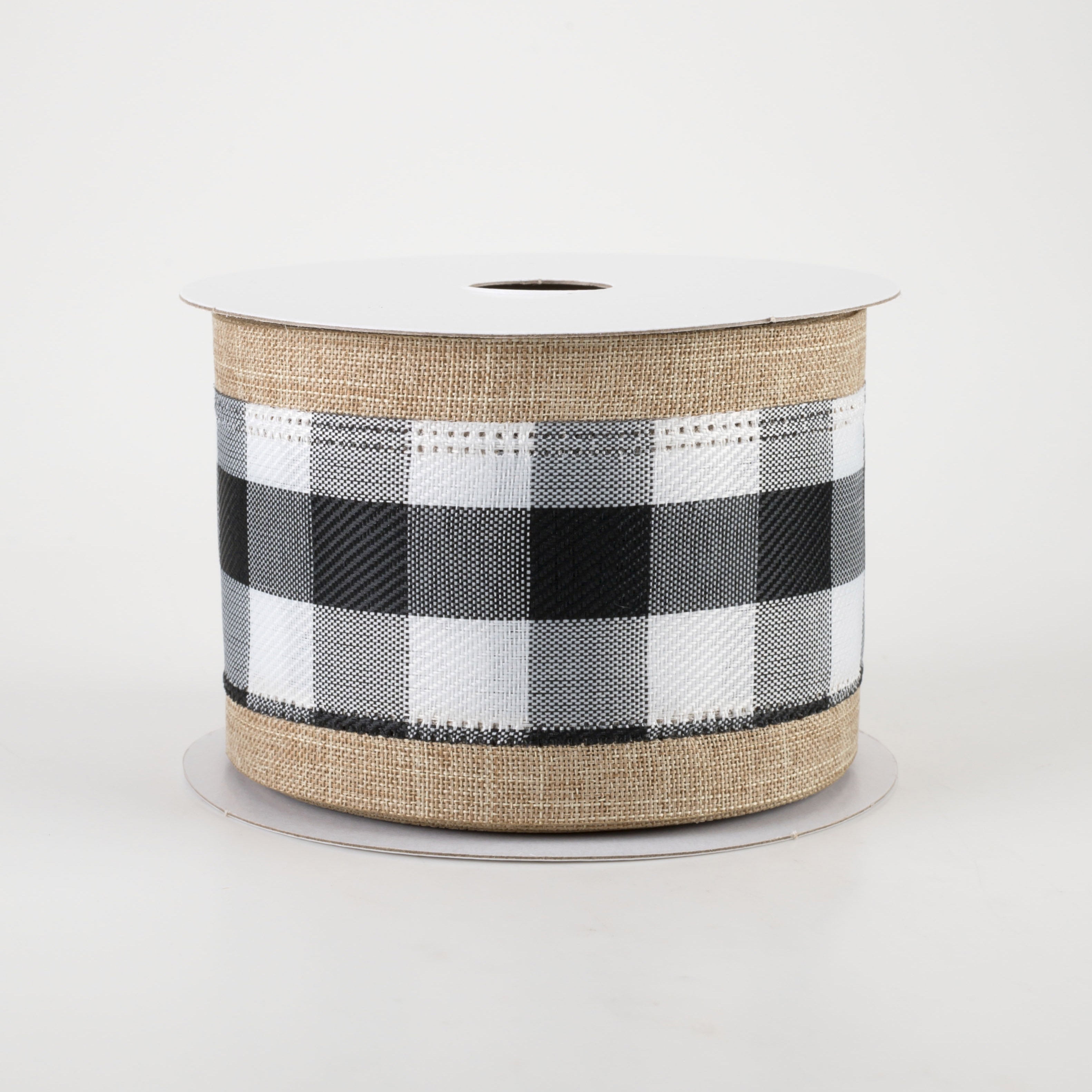 2.5" Buffalo Plaid Center & Linen Edge Ribbon: Natural (10 Yards)