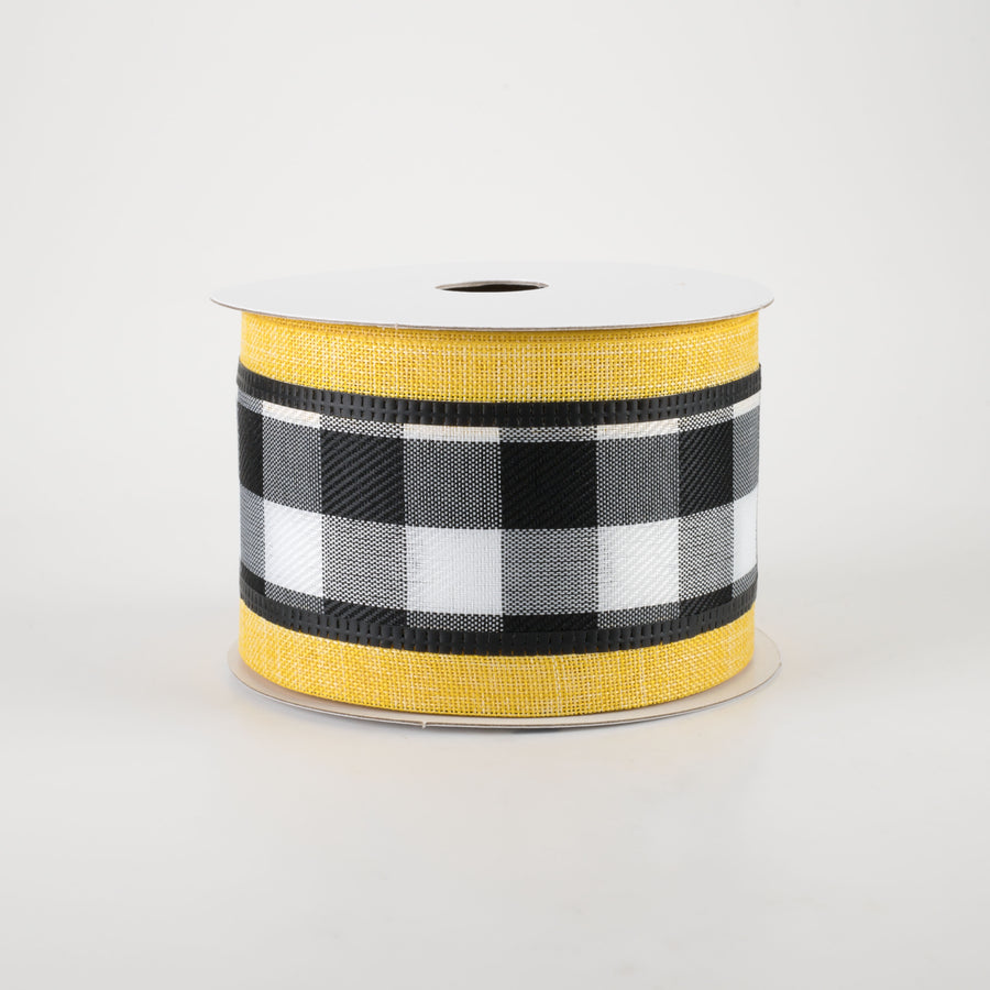 2.5" Buffalo Plaid Center & Linen Edge Ribbon: Yellow (10 Yards)