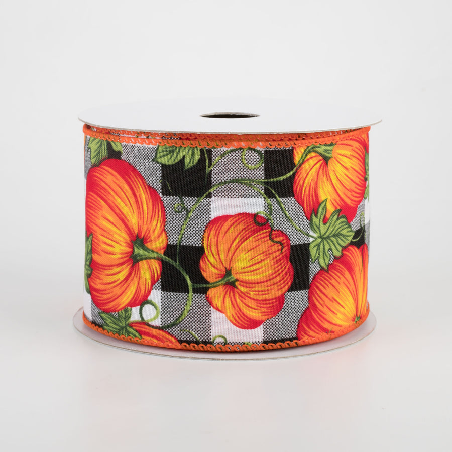 2.5" Buffalo Plaid With Orange Pumpkins: Black & White (10 Yards)