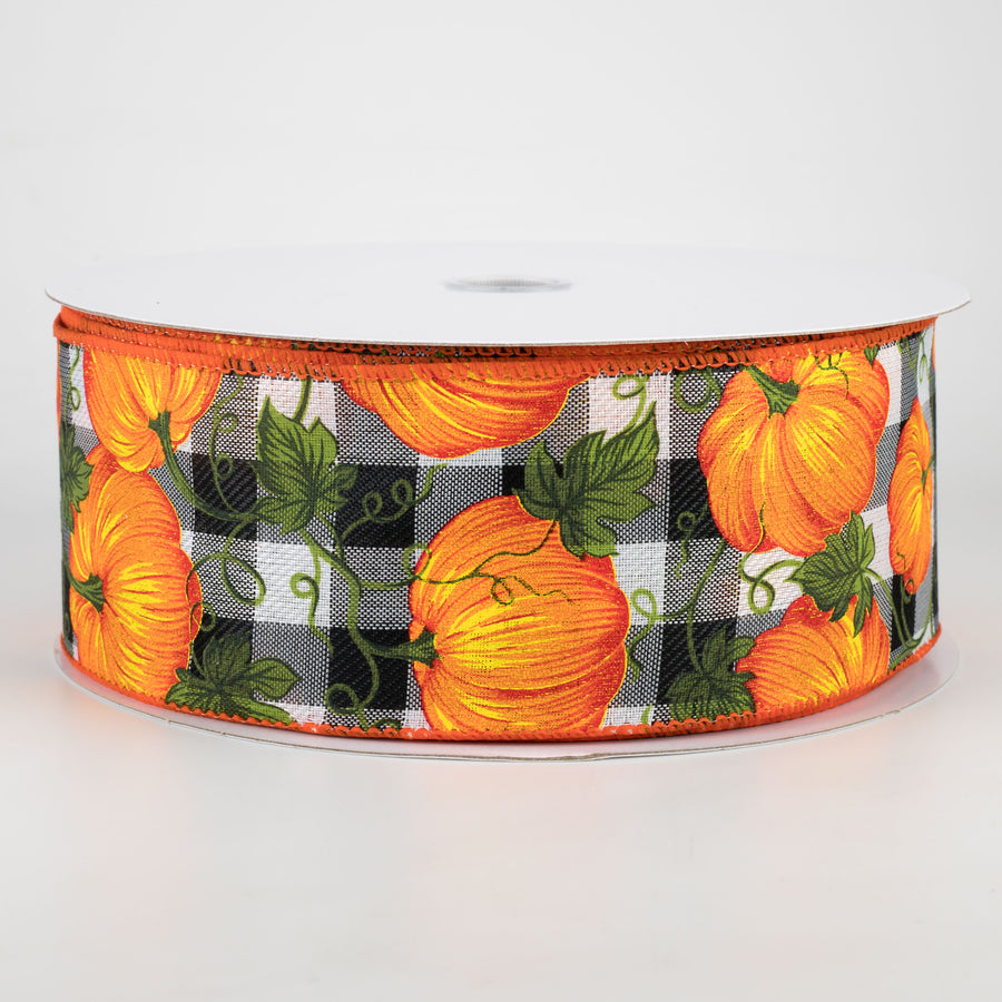 2.5" Buffalo Plaid With Orange Pumpkins: Black & White (50 Yards)