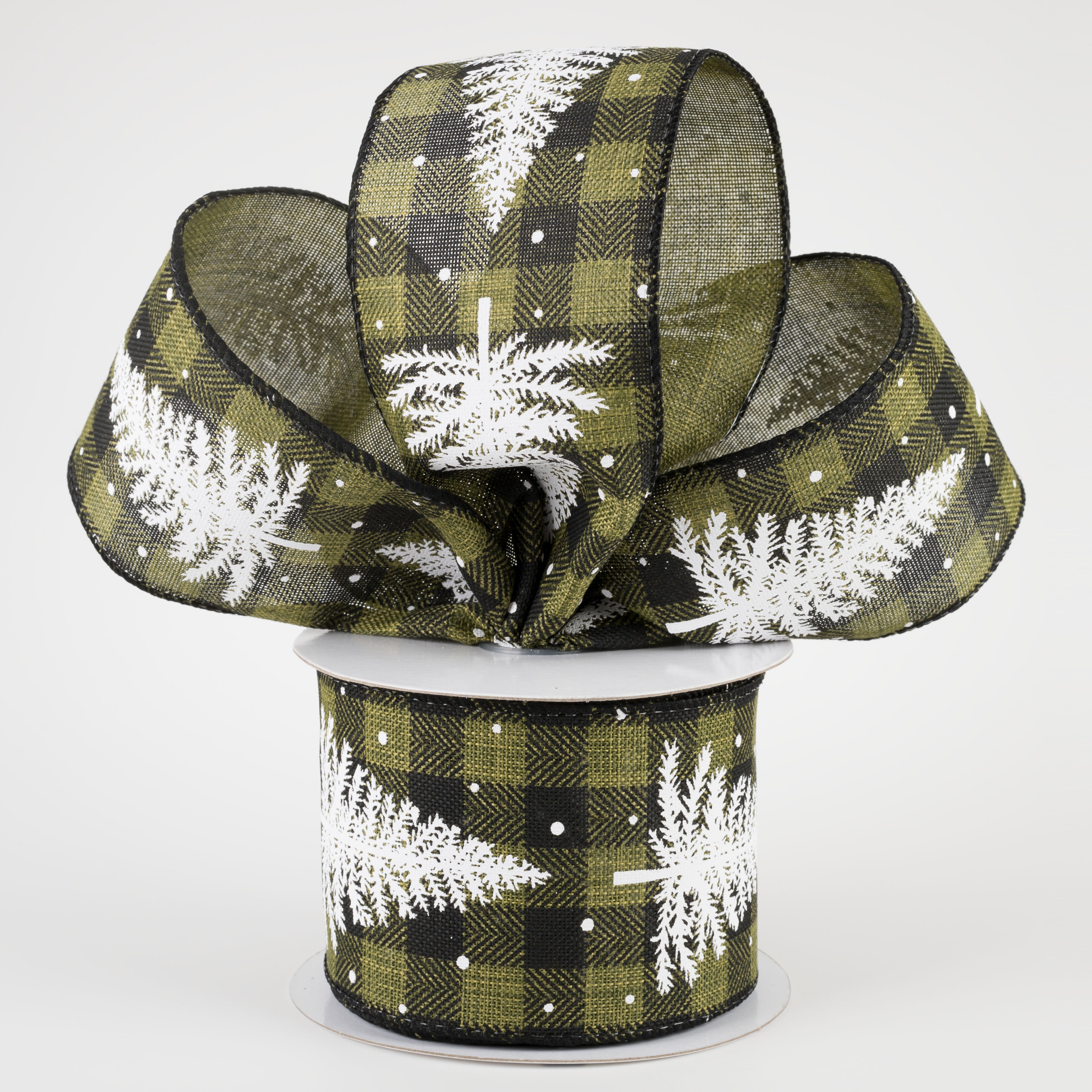 2.5" Buffalo Plaid Snowy Fishline Tree Ribbon: Olive & Black (10 Yards) Lifestyle Photo