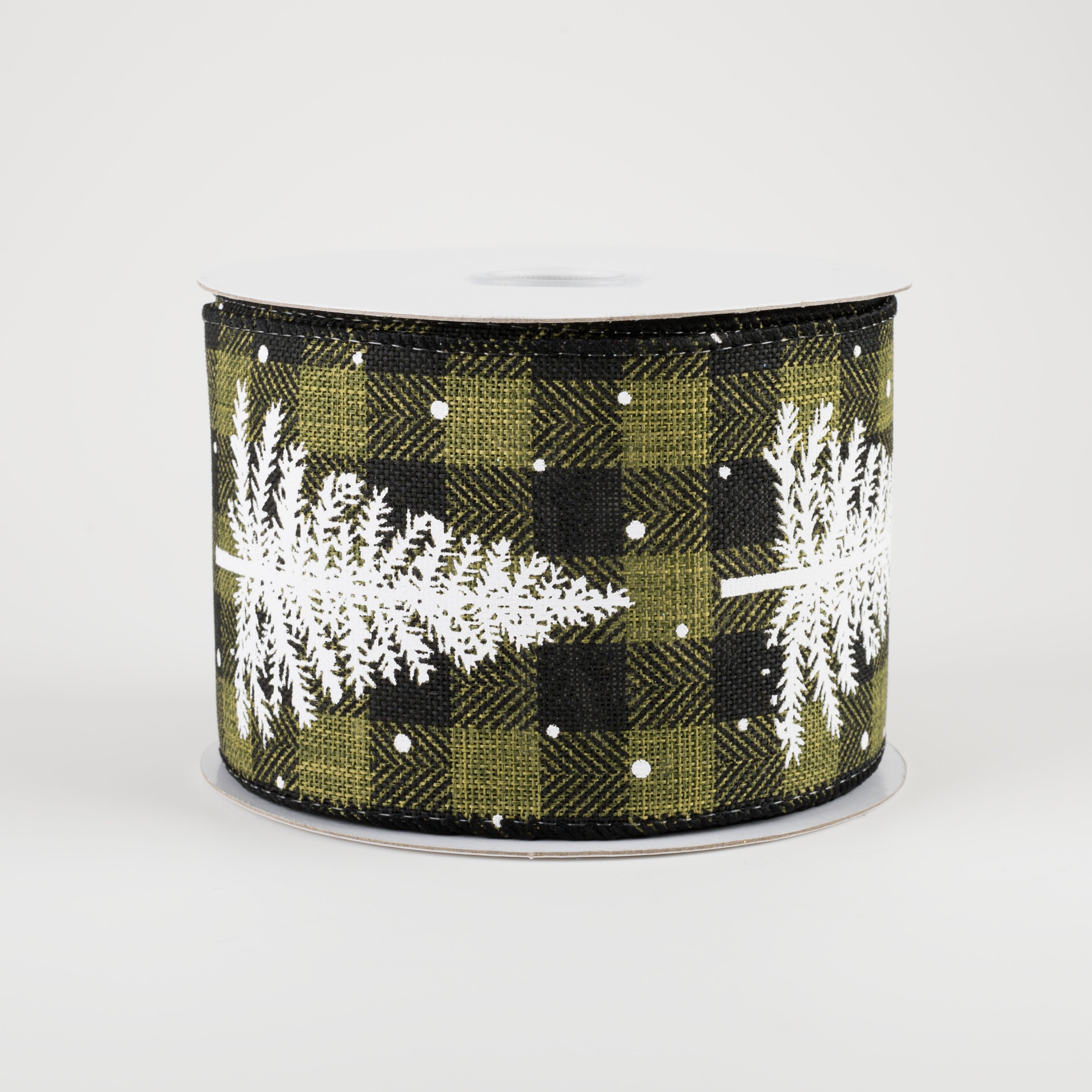 2.5" Buffalo Plaid Snowy Fishline Tree Ribbon: Olive & Black (10 Yards)
