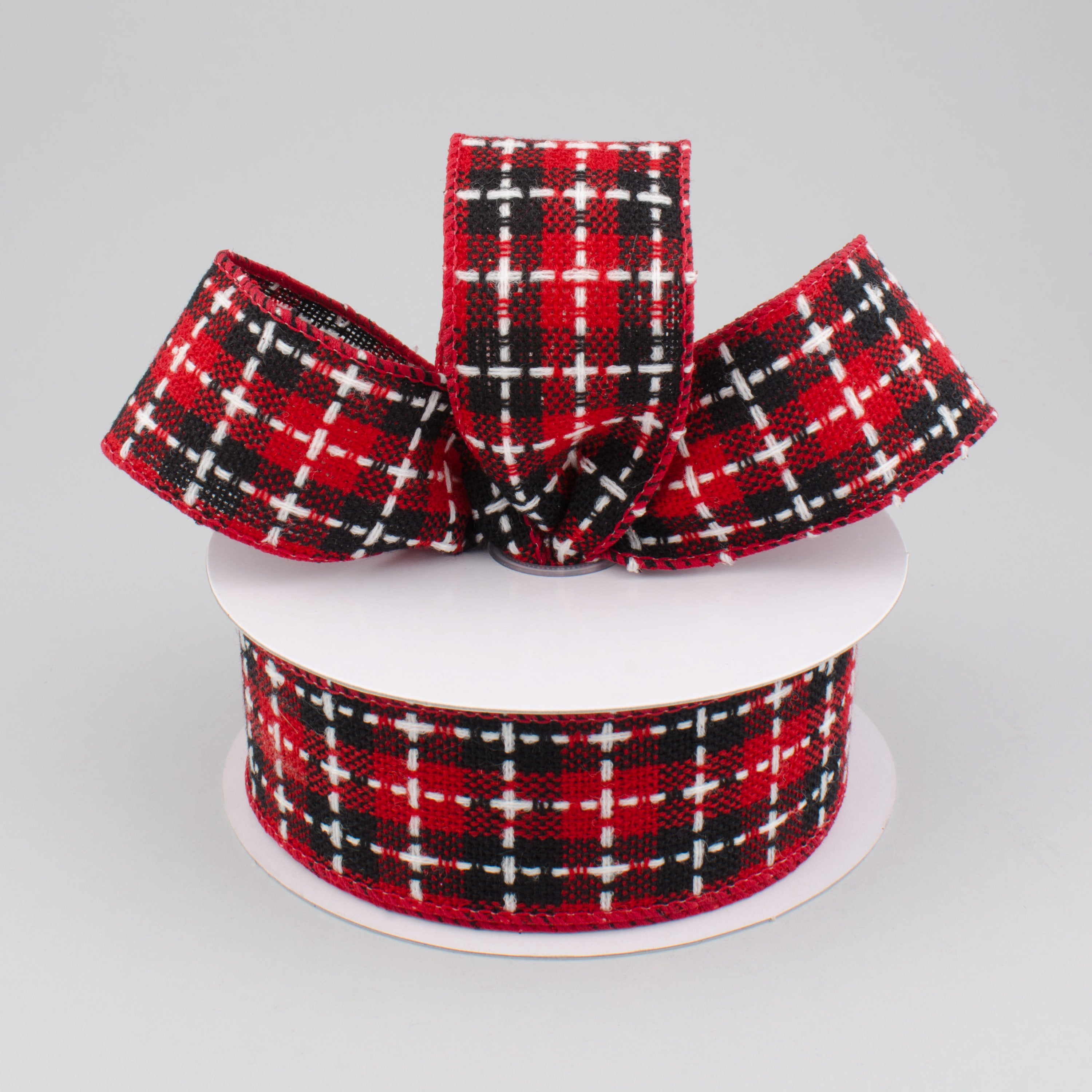 1.5" Buffalo Plaid Stitched Ribbon: Red, Black, White (10 Yards) Lifestyle Photo