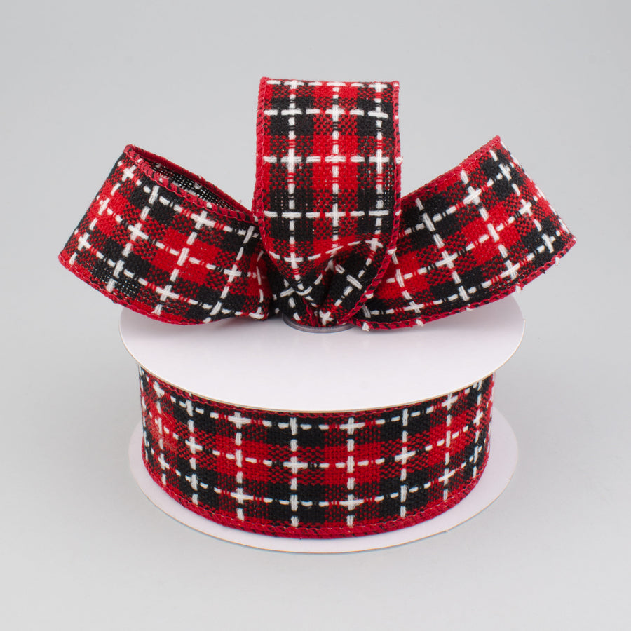 1.5" Buffalo Plaid Stitched Ribbon: Red, Black, White (10 Yards) Lifestyle Photo