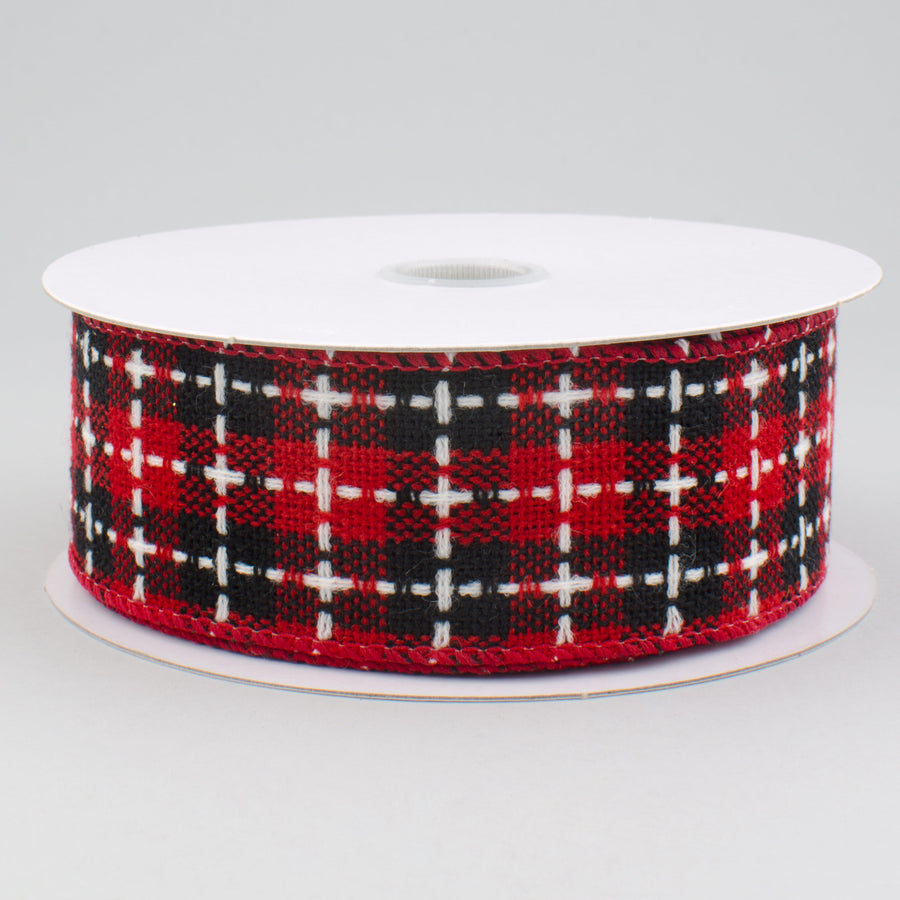 1.5" Buffalo Plaid Stitched Ribbon: Red, Black, White (10 Yards)