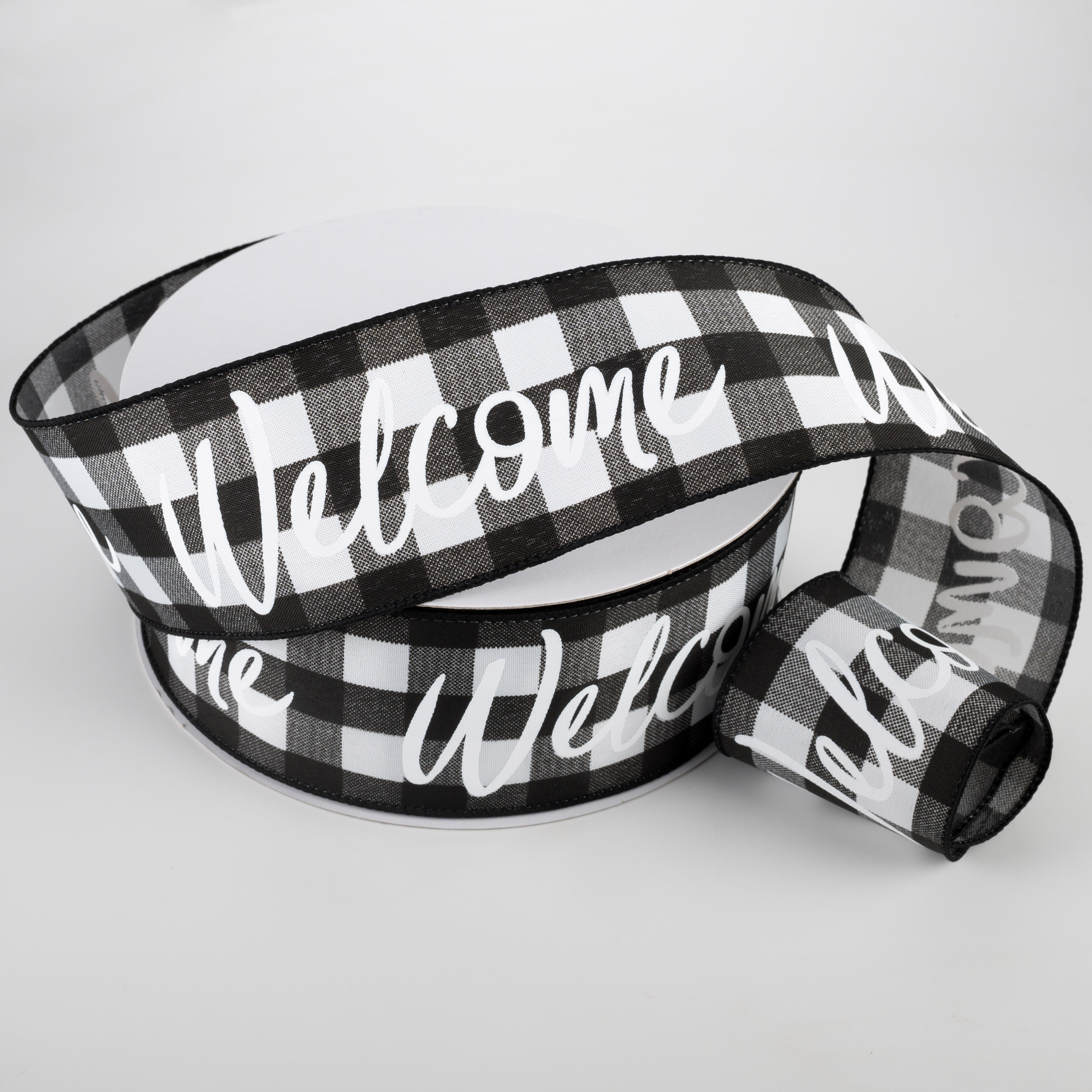 2.5" Buffalo Plaid Welcome Ribbon: Black & White (50 Yards) Lifestyle Photo