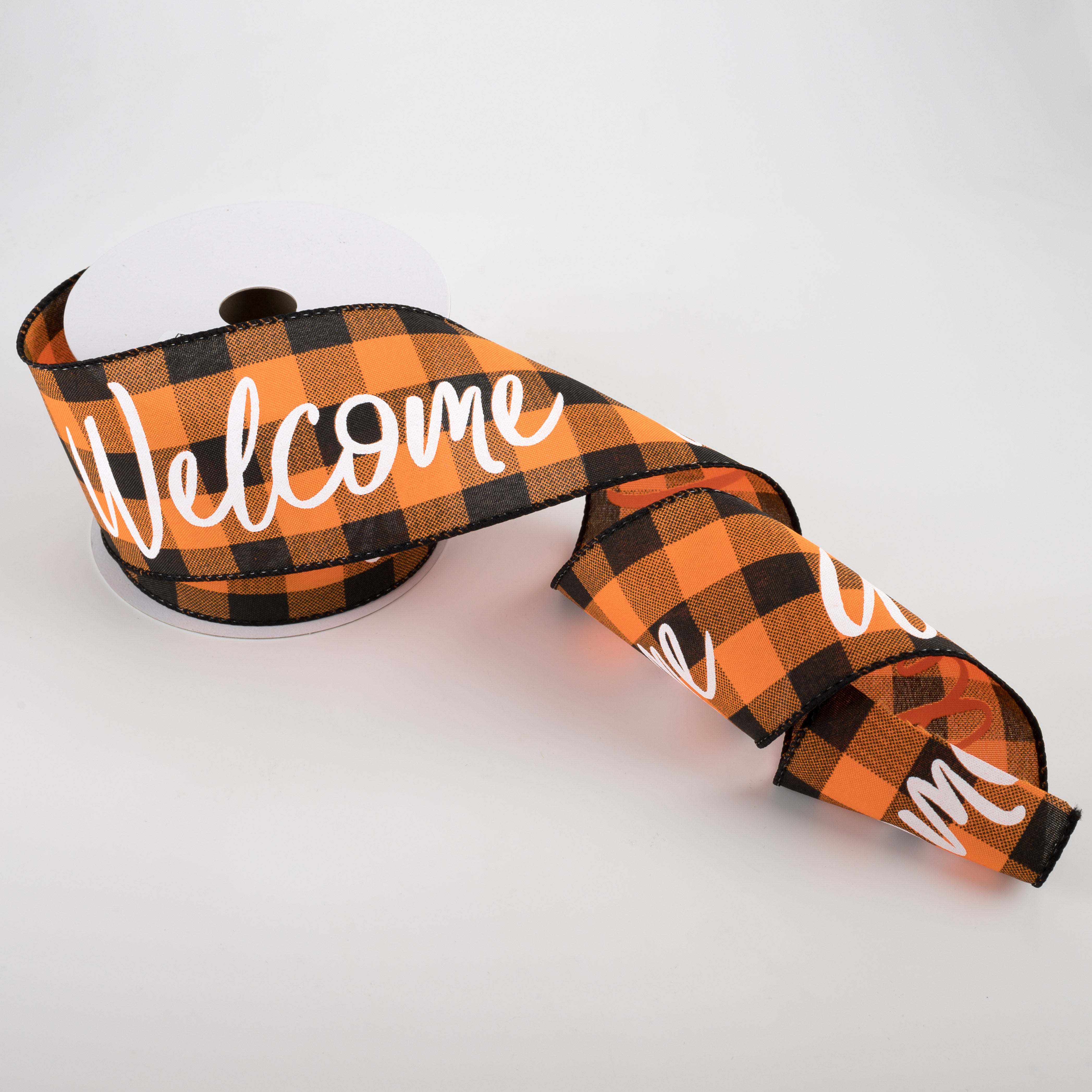 2.5" Buffalo Plaid Welcome Ribbon: Orange & Black (10 Yards) Lifestyle Photo
