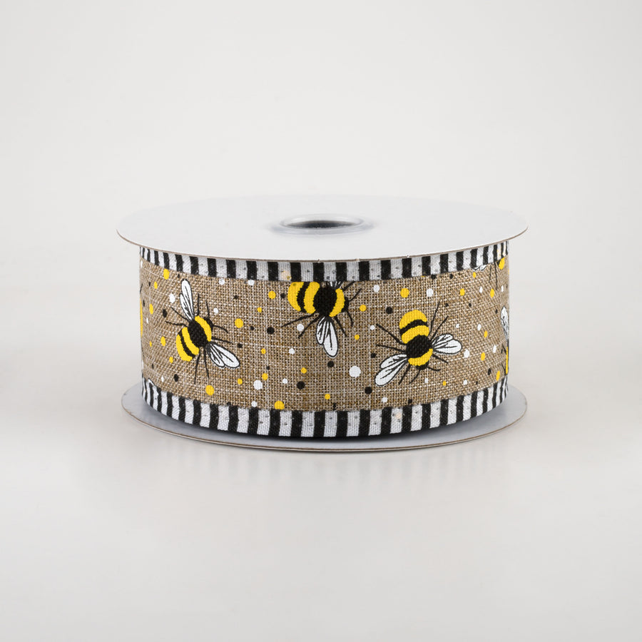 1.5" Bumble Bee Stripe Edge Ribbon: Light Beige (10 Yards)