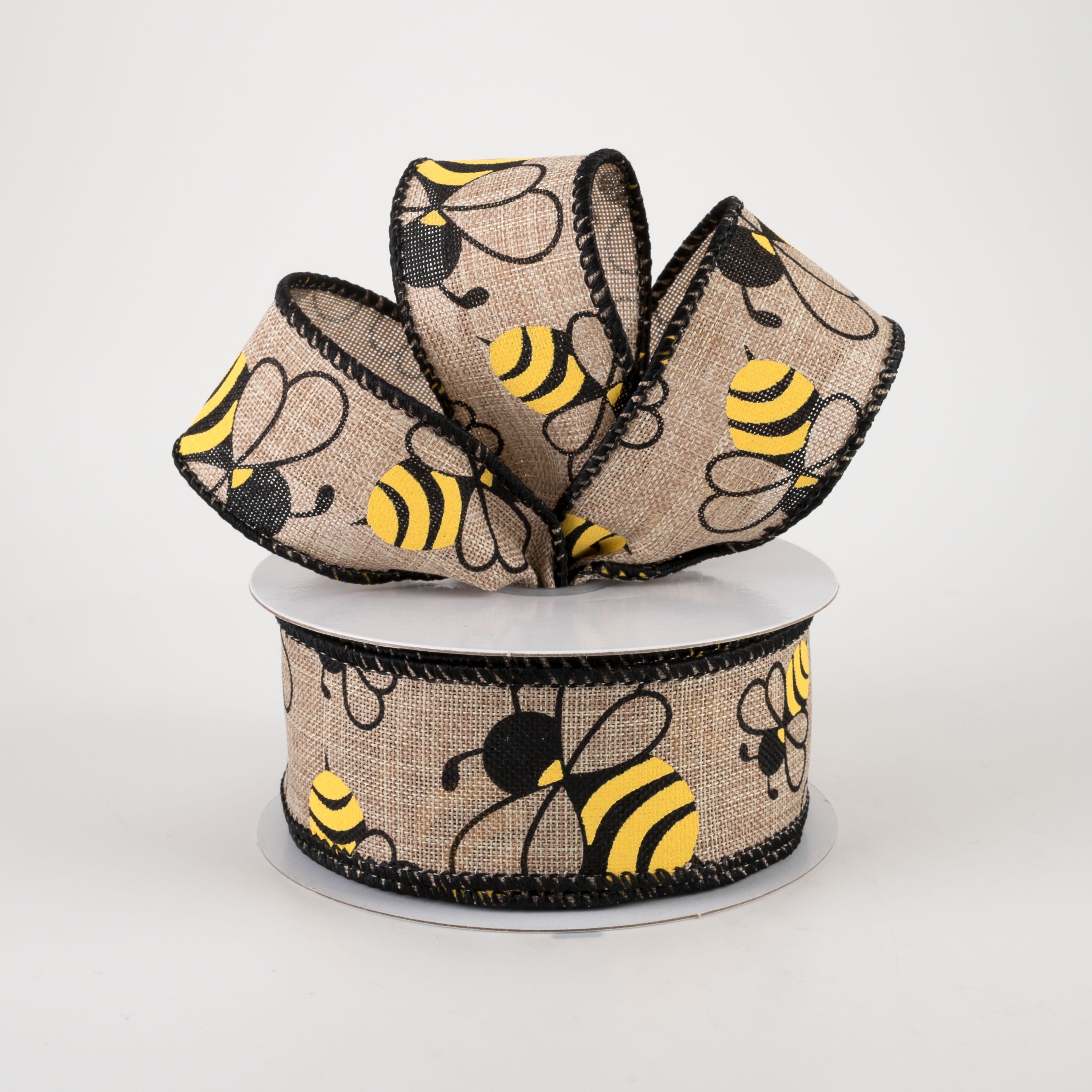 1.5" Bumblebees on Linen Ribbon: Natural Tan (10 Yards) Lifestyle Photo
