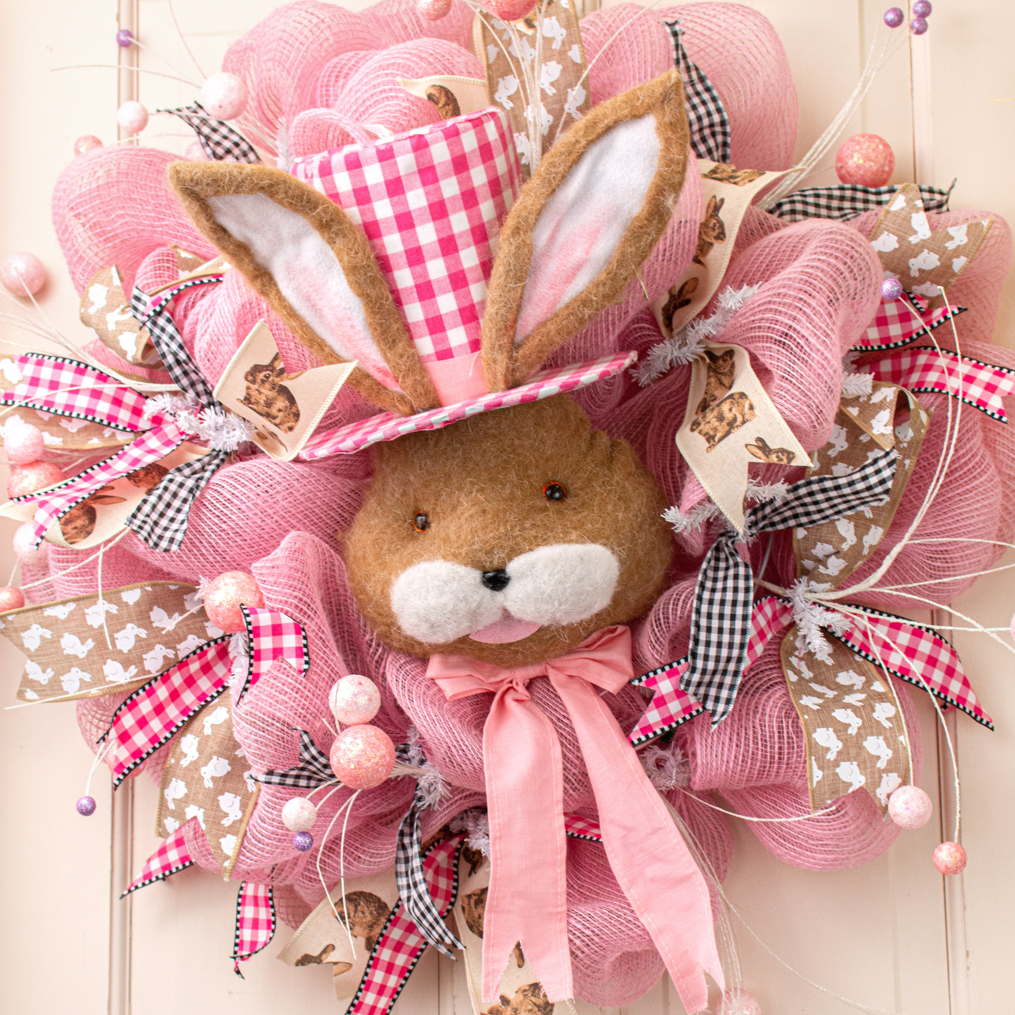 22" Bunny With Check Top Hat Ornament: Pink Lifestyle Photo