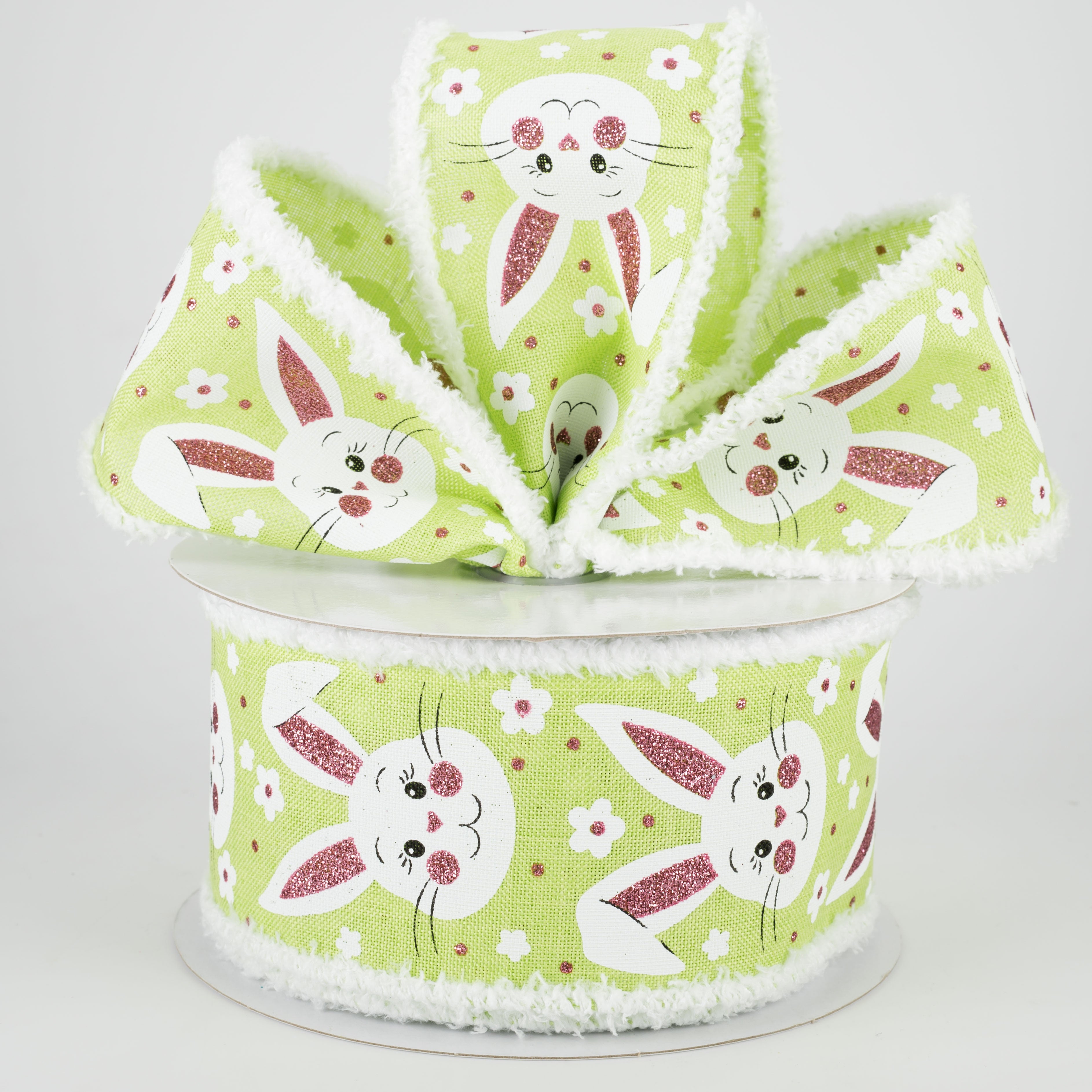 2.5" Bunny Faces Chenille Edge Ribbon: Bright Green (10 Yards) Lifestyle Photo