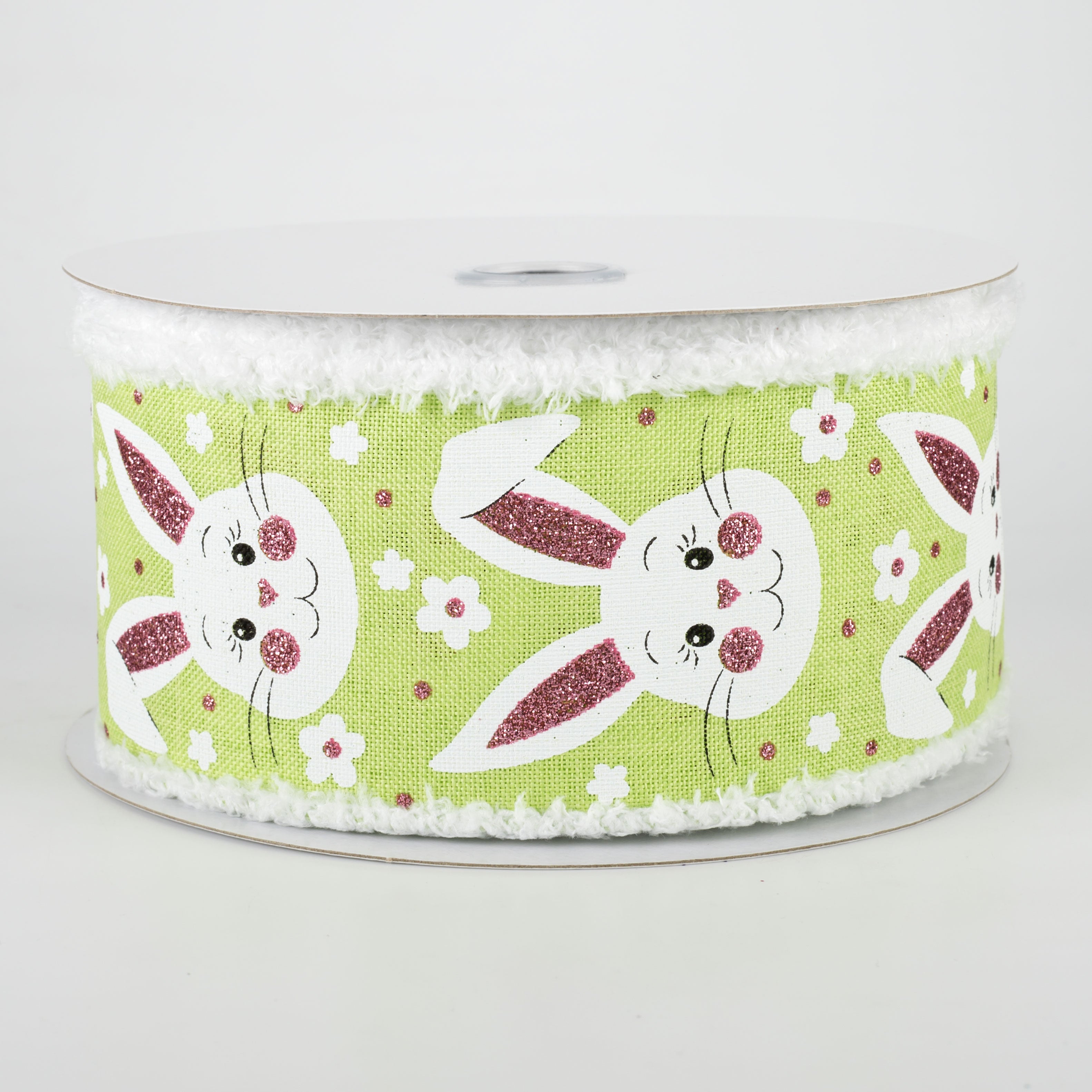 2.5" Bunny Faces Chenille Edge Ribbon: Bright Green (10 Yards)